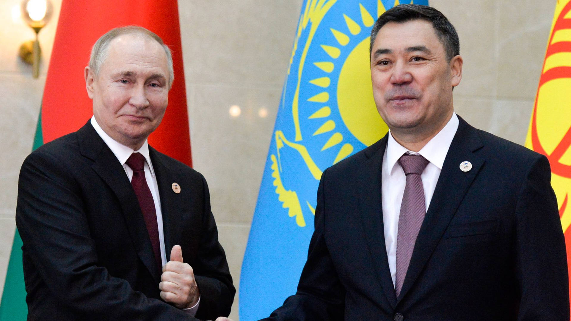 Russian President Vladimir Putin With Kyrgyzstan Leader Sadyr Japarov. Background