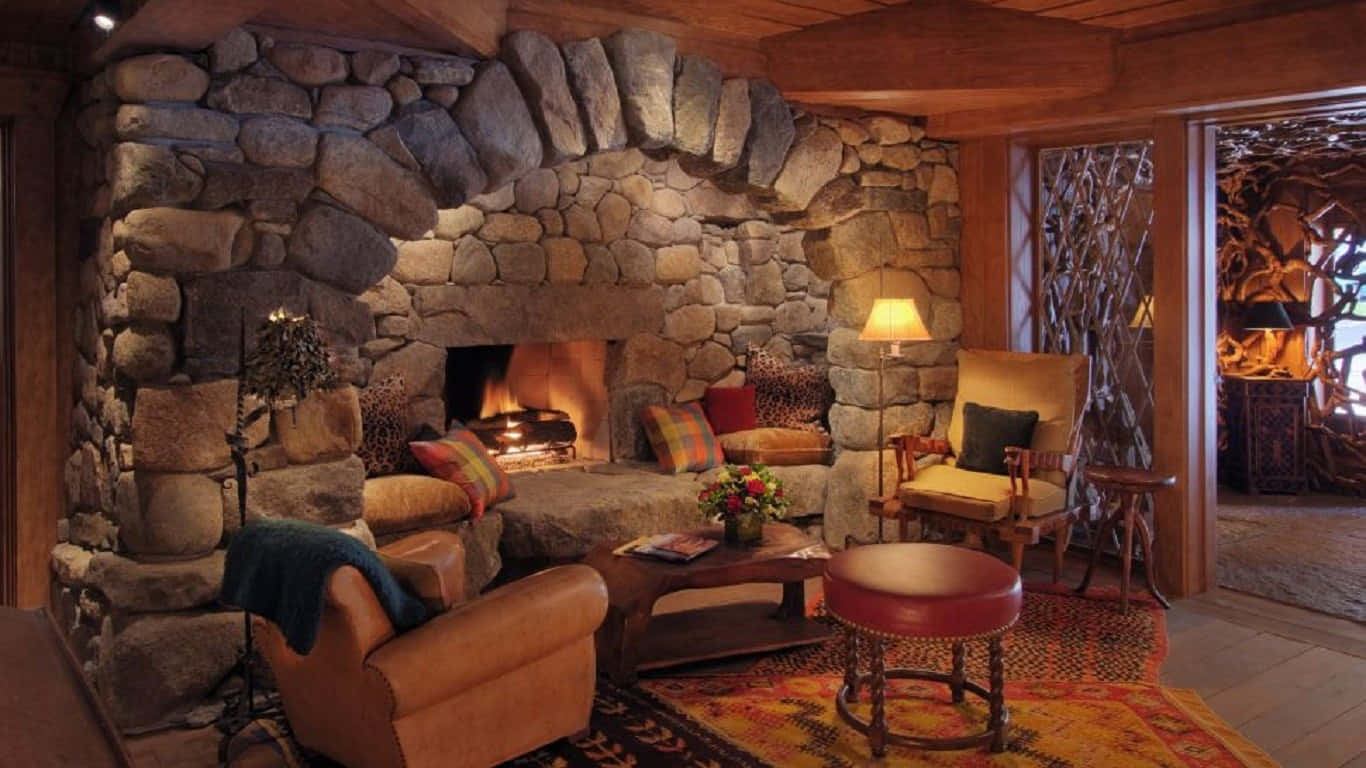Rustic Fireplace At Lake Placid Lodge Background