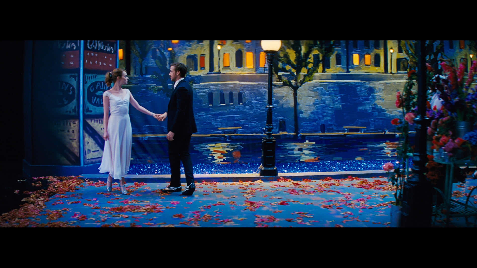 Ryan Gosling And Emma Stone Dancing In La La Land Background