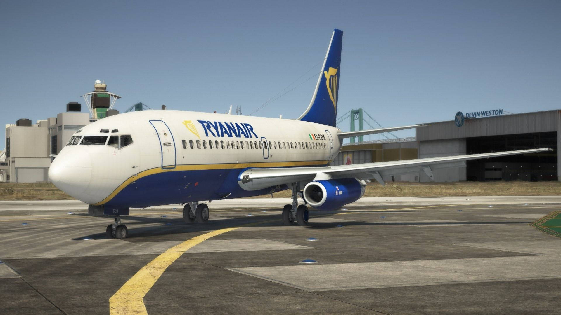 Ryanair Plane With Buildings Behind Background