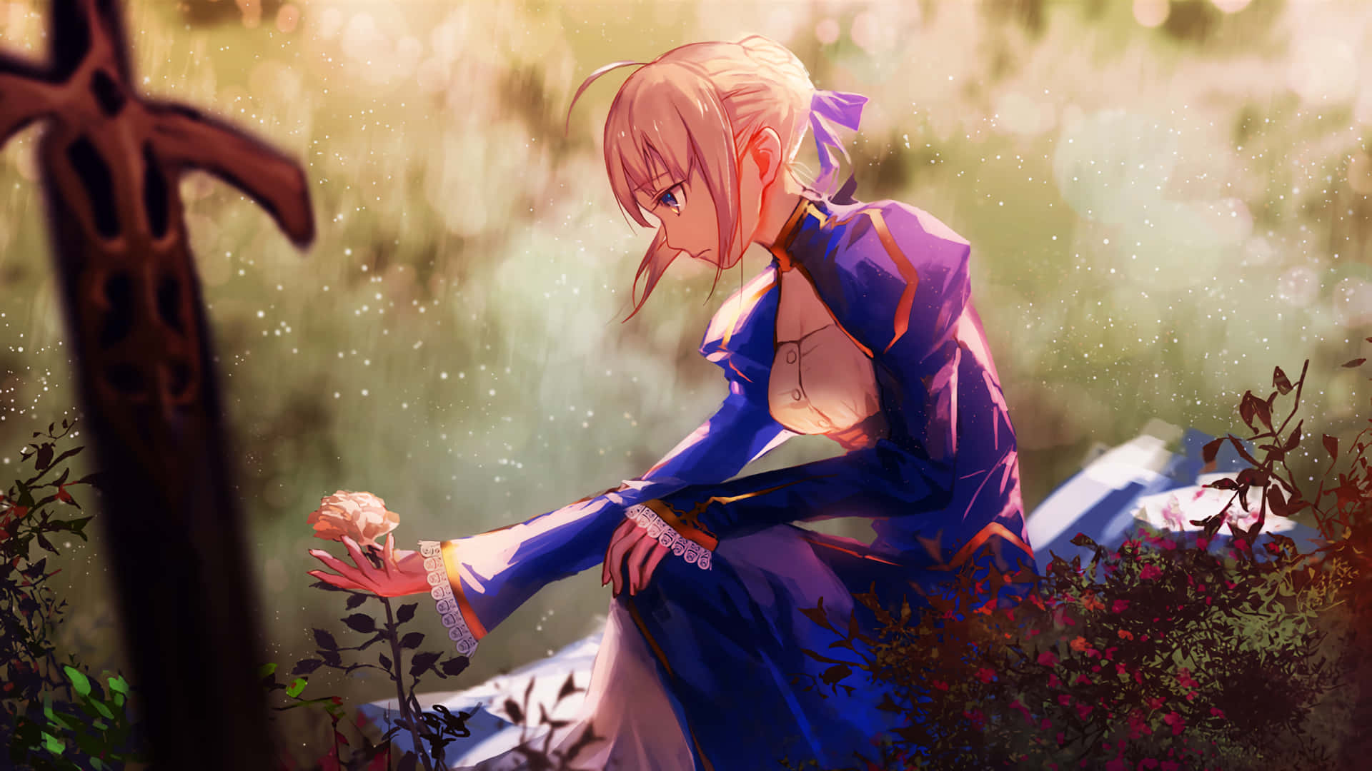 Saber Fate Stay Night Holding Flower Background