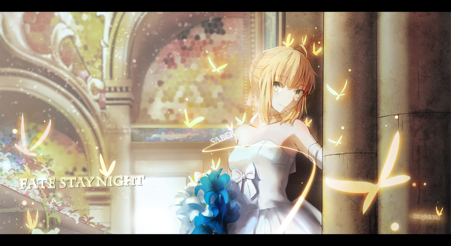 Saber Fate Stay Night With Blue Flowers Background