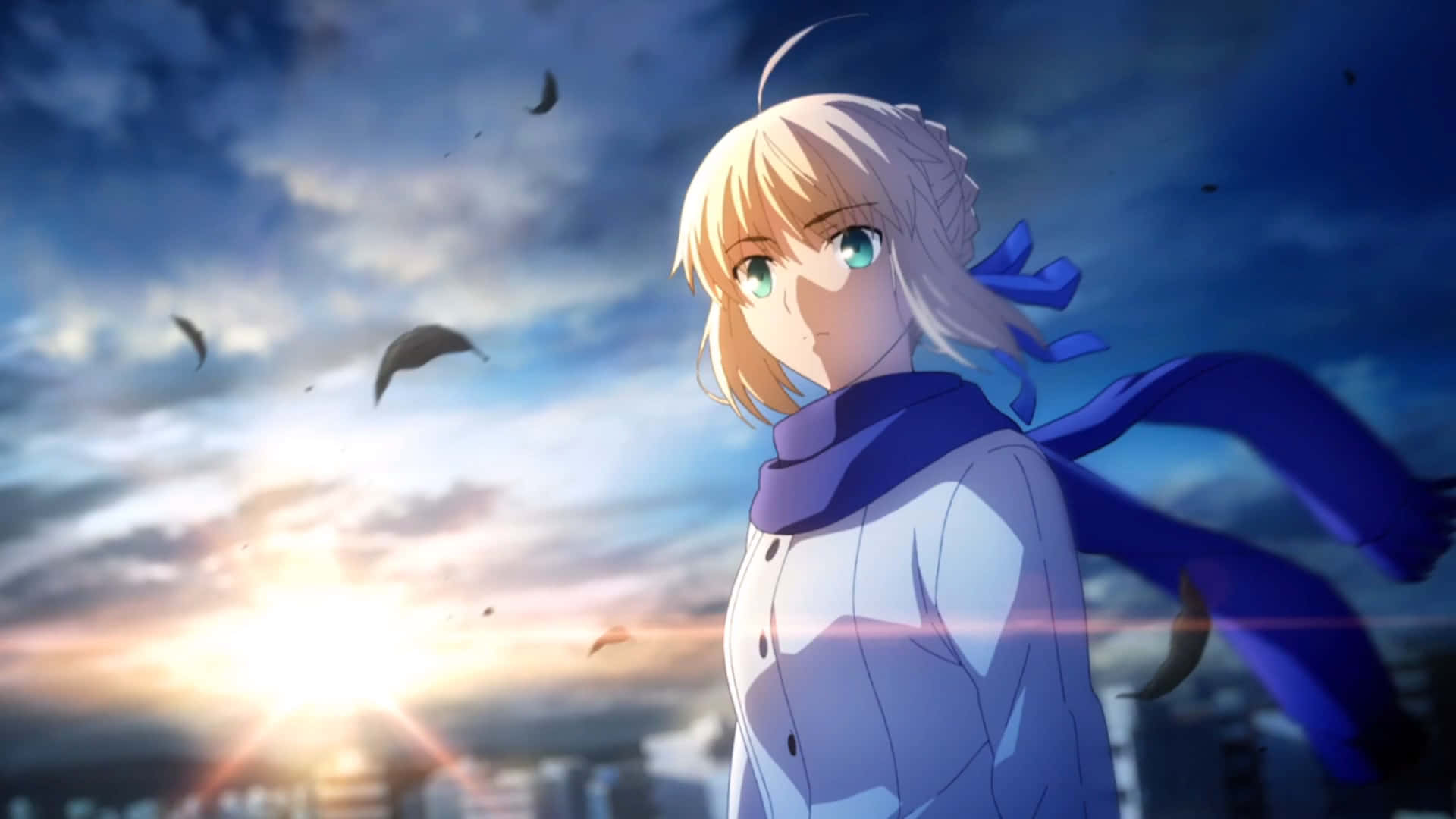 Saber Fate Stay Night With Blue Scarf Background