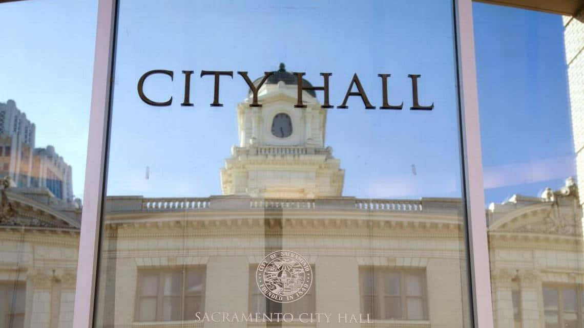 Sacramento City Hall Glass Text Background