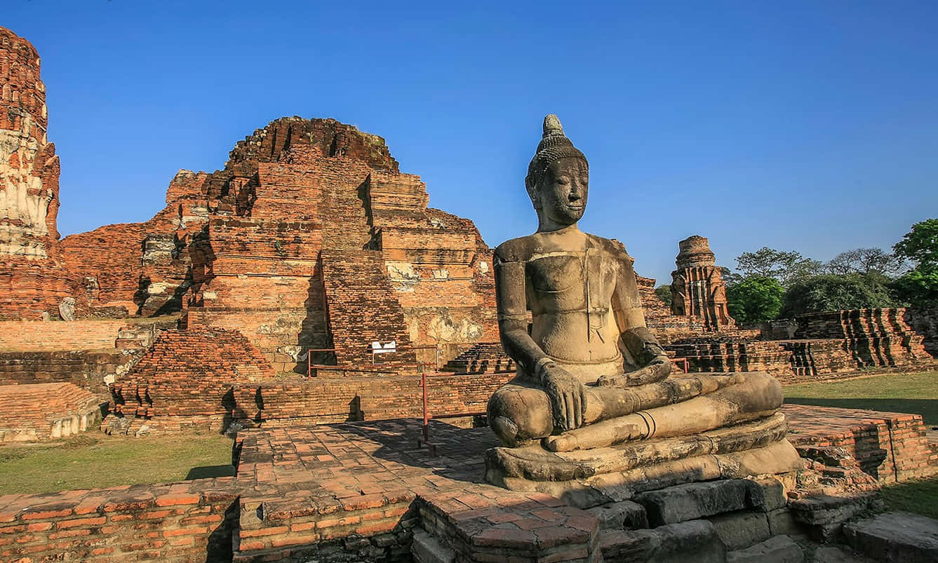 Sacred Buddha Statue Amidst The Historic Ruins Of Ayutthaya Historical Park Background