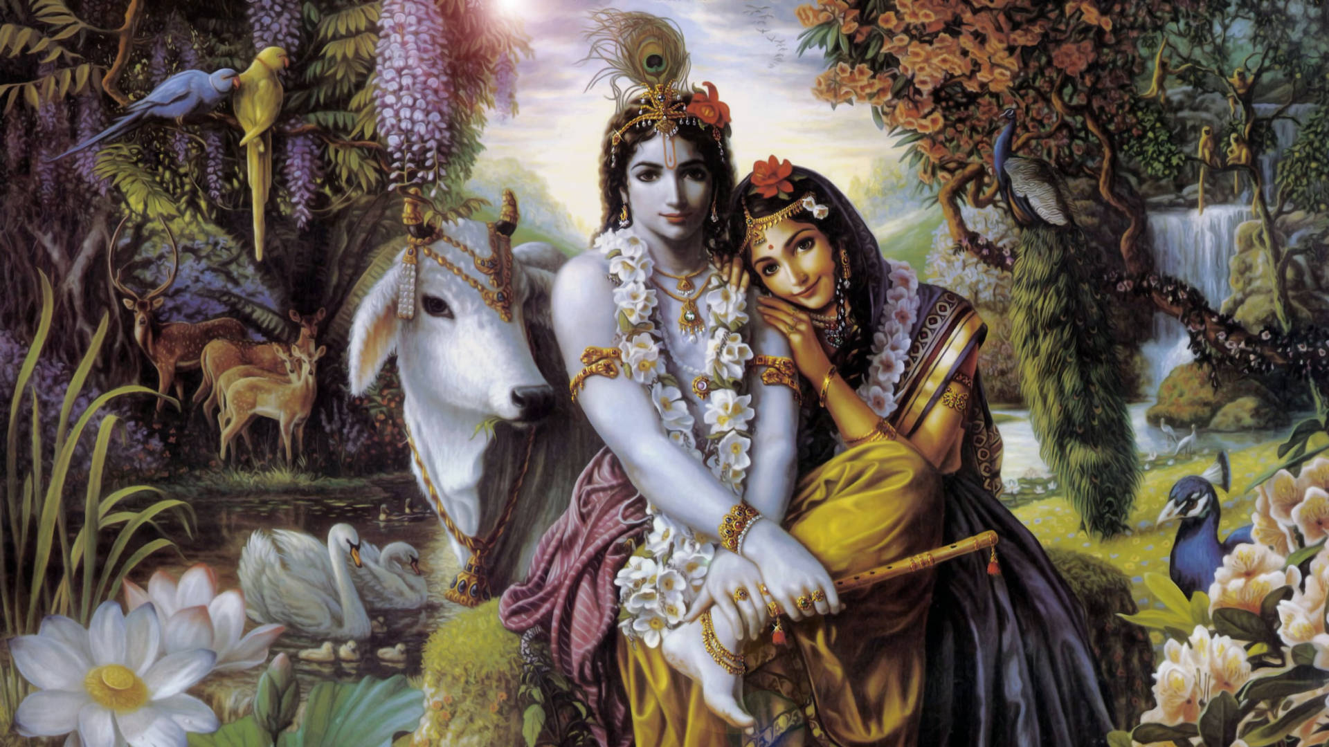 Sacred Cow, Radha, And Hindu God Krishna Background