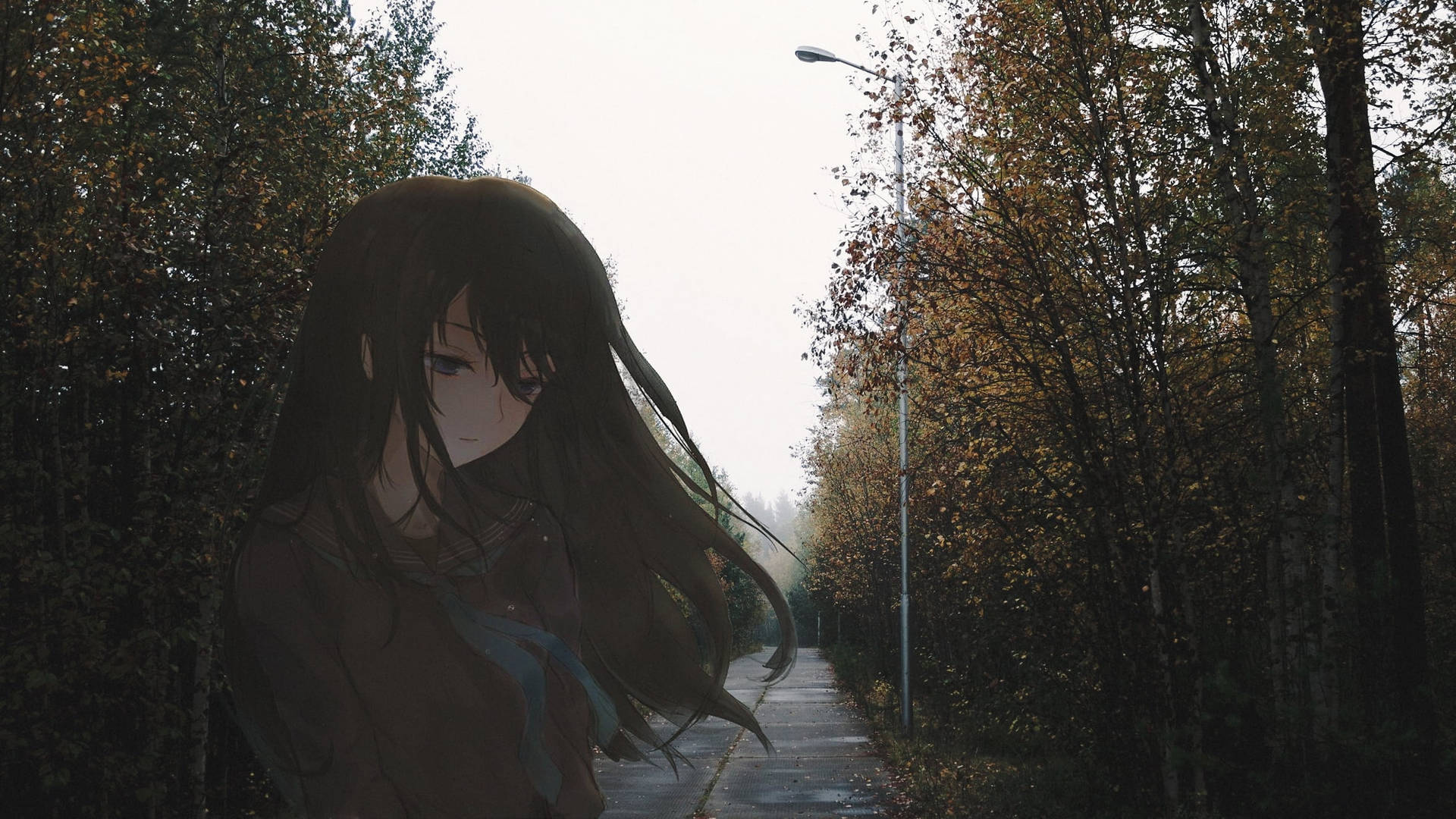 Sad Aesthetic Anime Girl In Forest Background