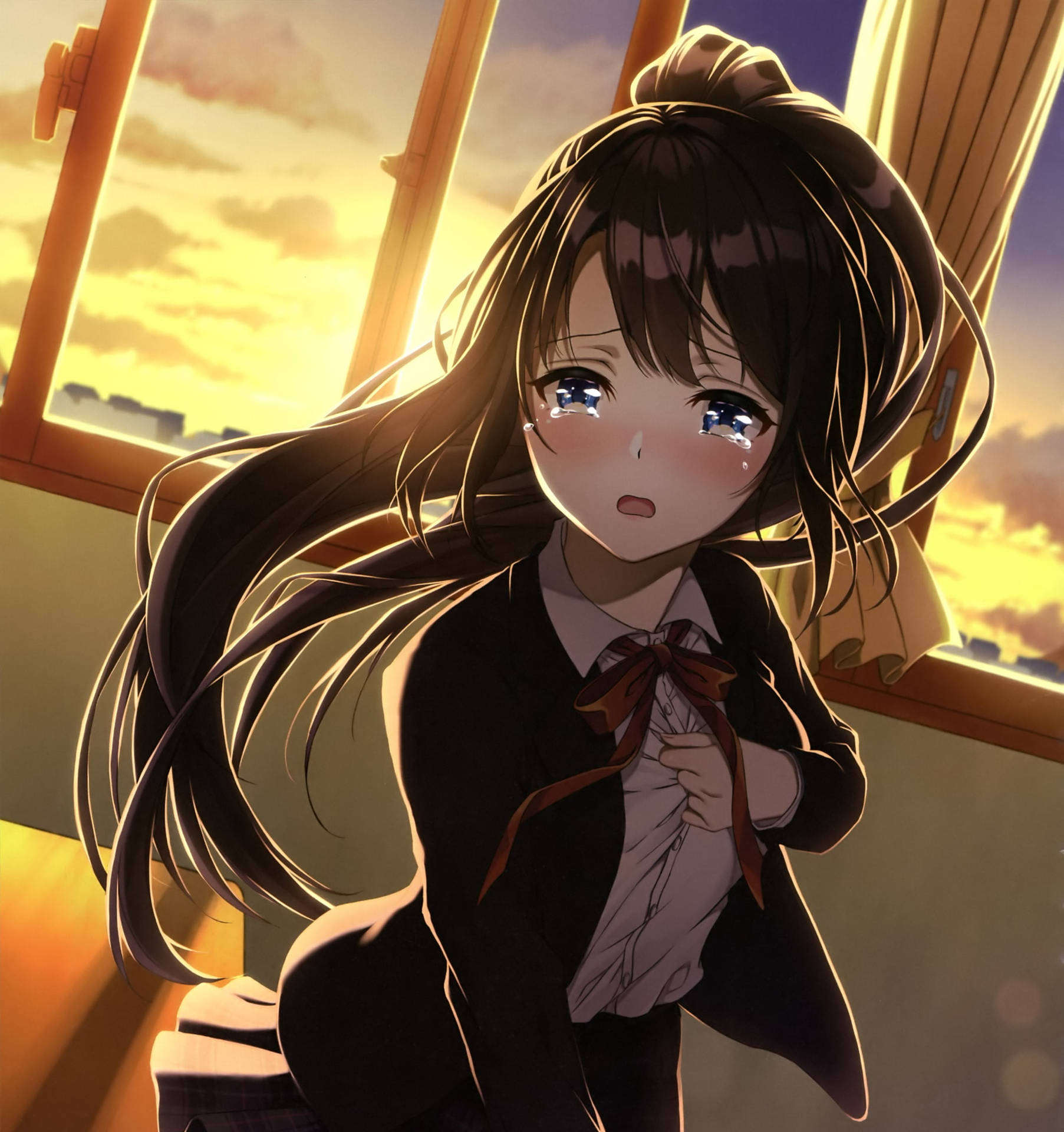 Sad Aesthetic Anime Girl Sunset Tears Background