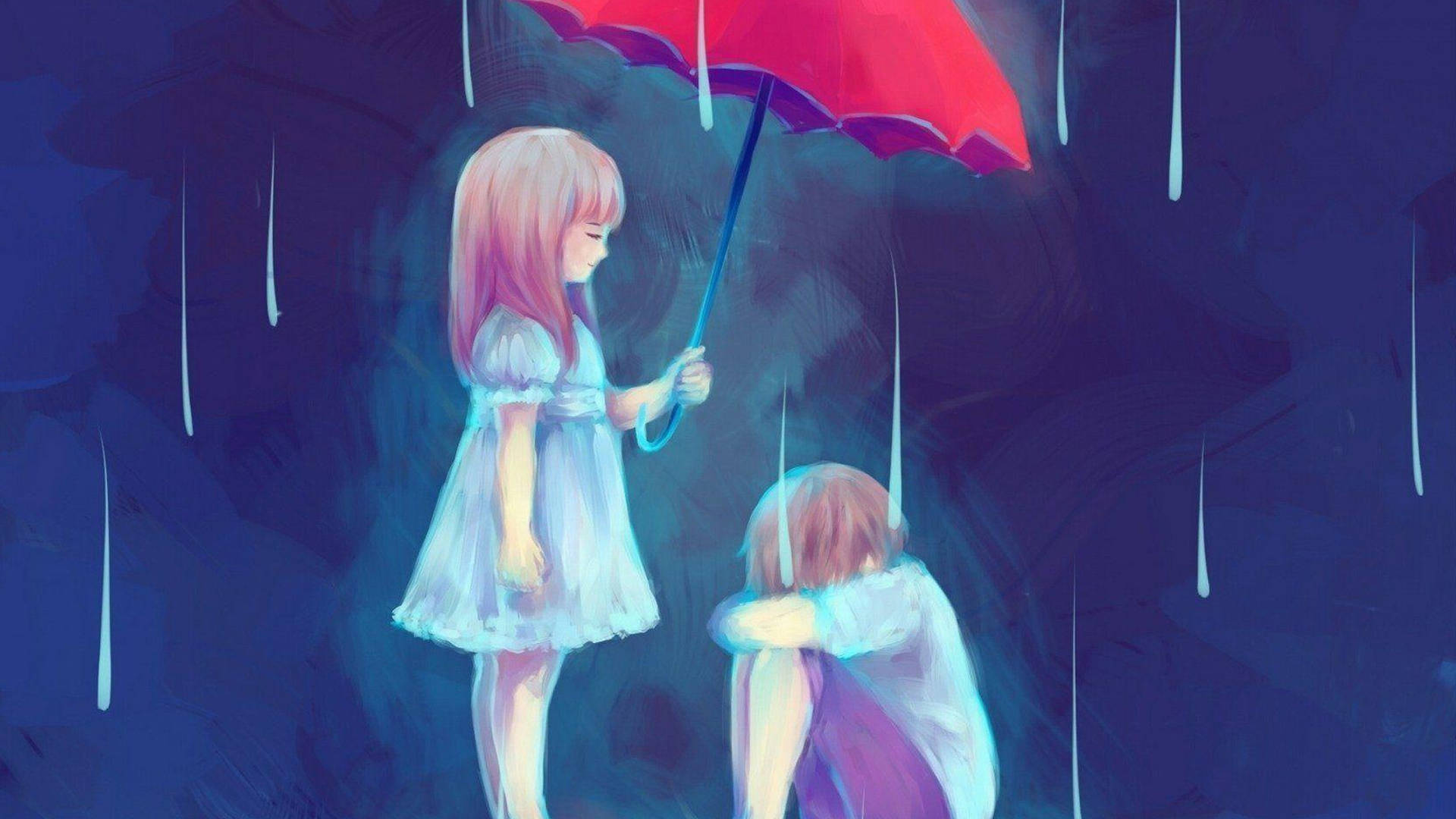 Sad Anime 4k Girl Shields Boy With Umbrella Background