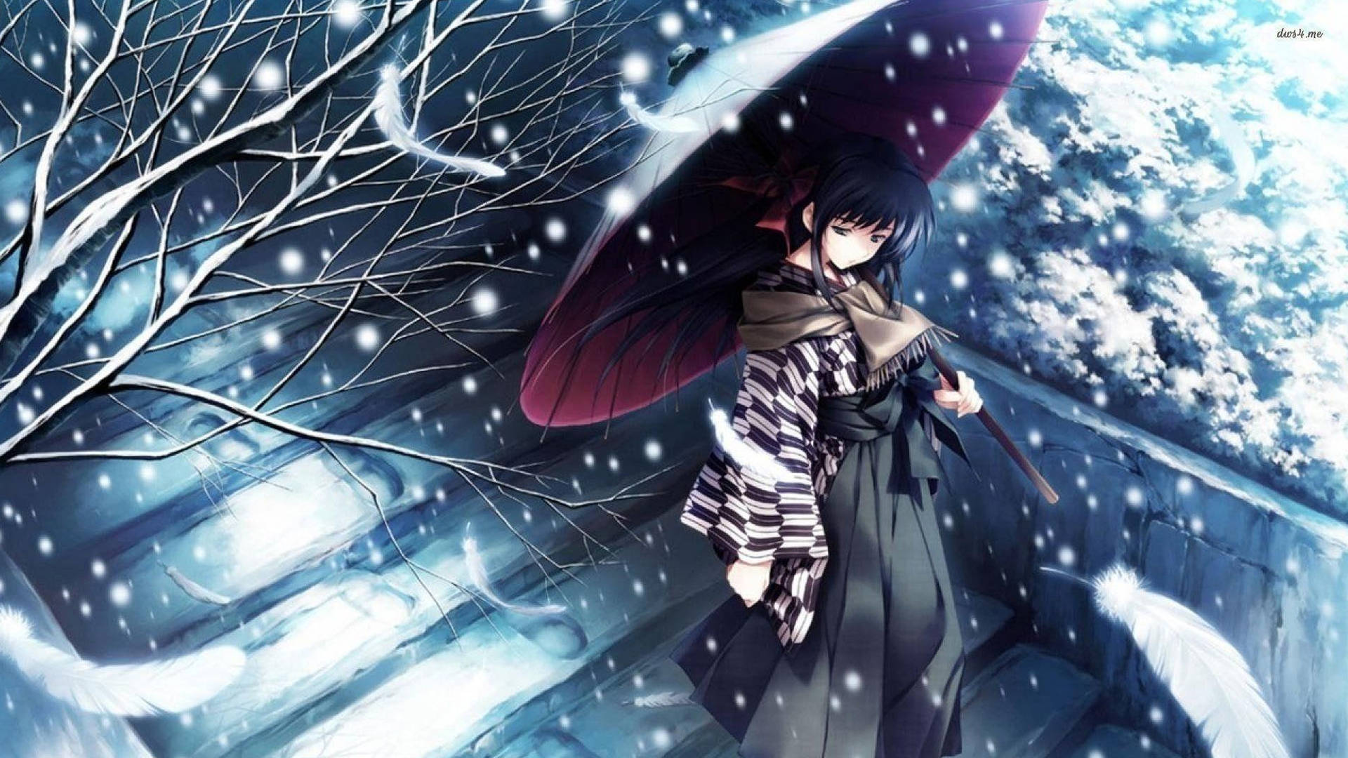 Sad Anime 4k Girl With Umbrella In Snow Background