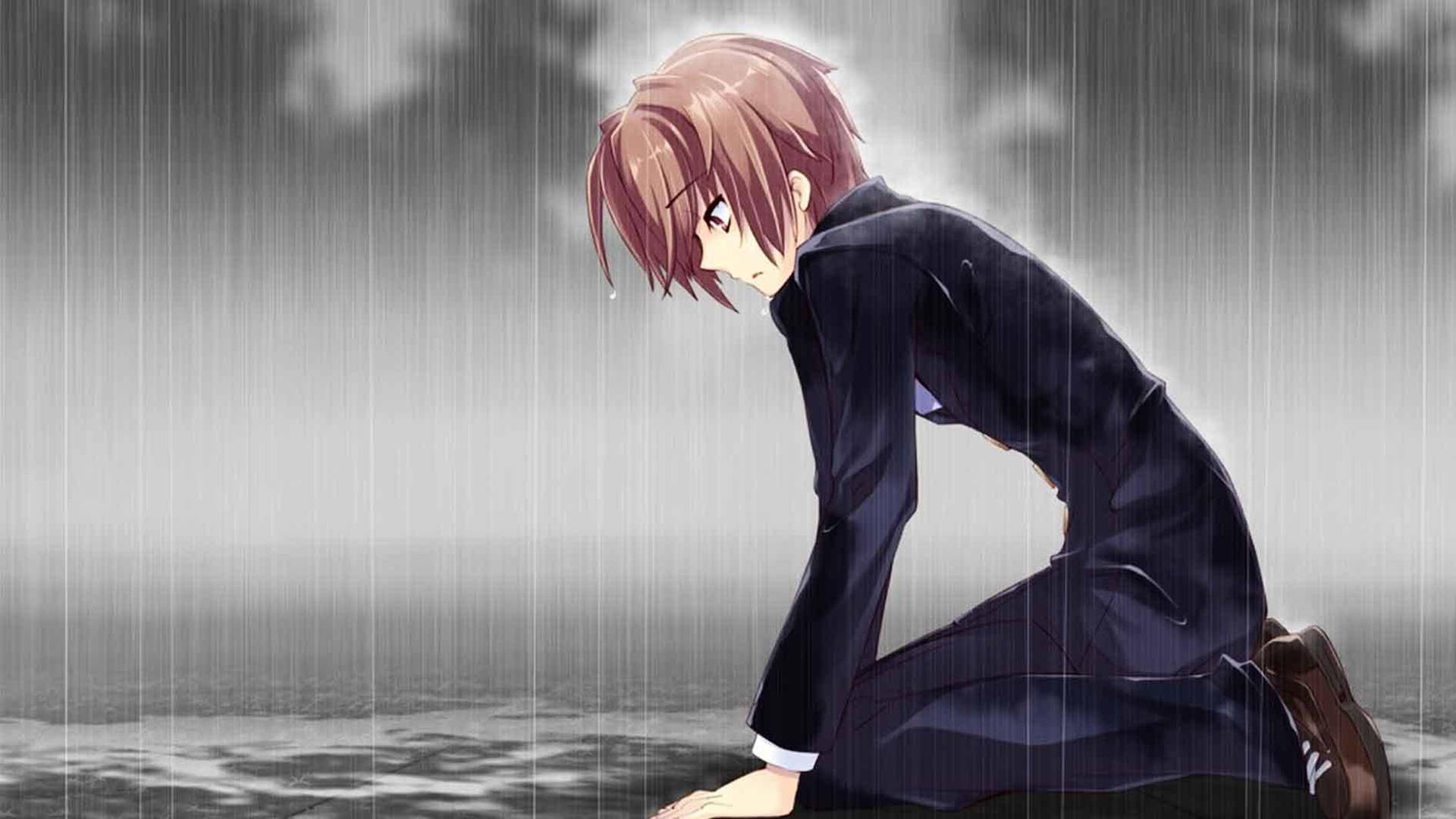 Sad Anime 4k Man On Knees Crying Background