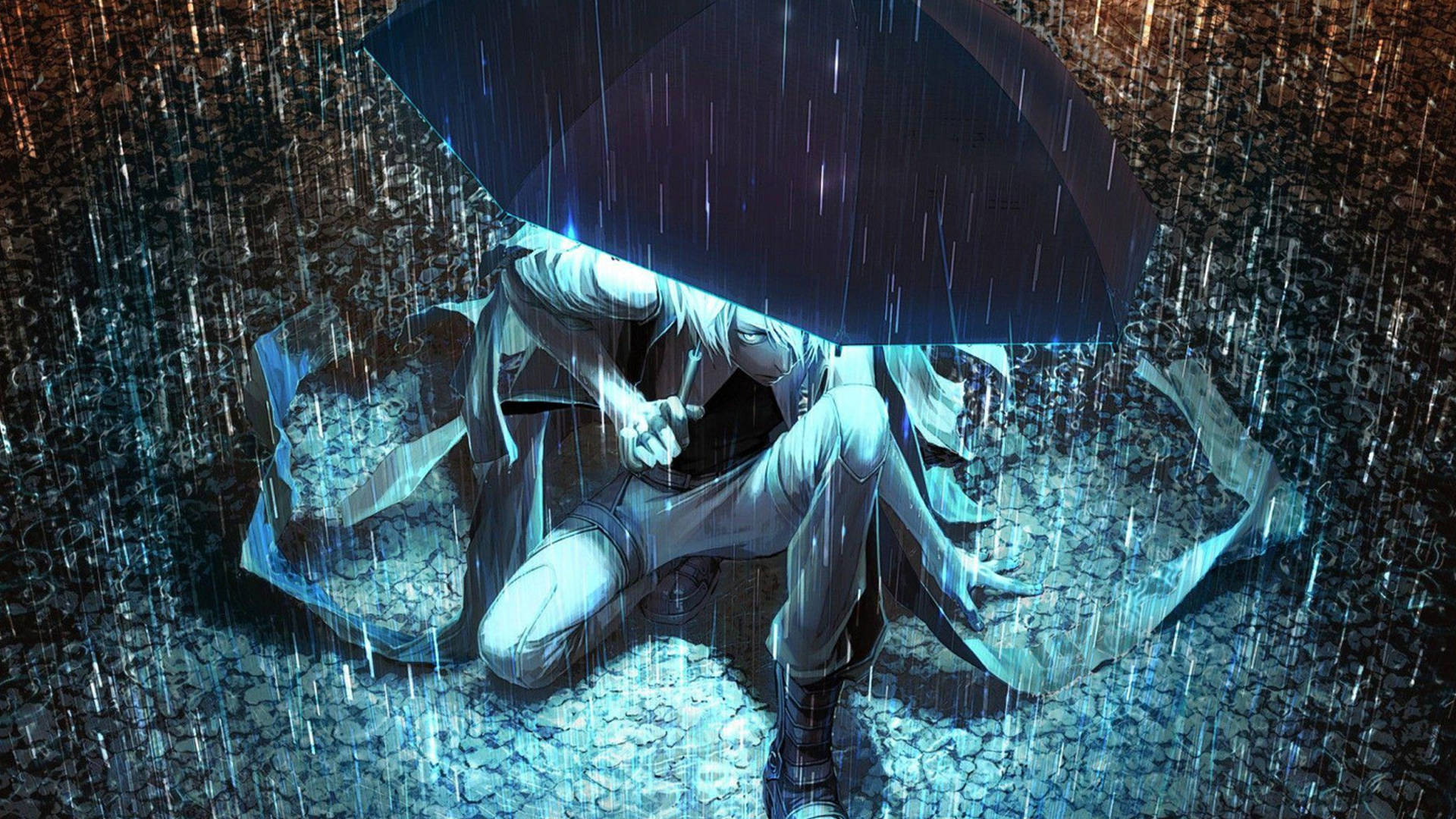 Sad Anime 4k On The Ground With Umbrella Background