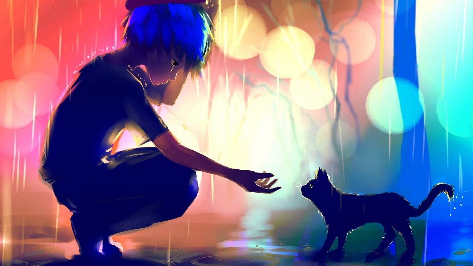 Sad Anime Boy Black Cat Background