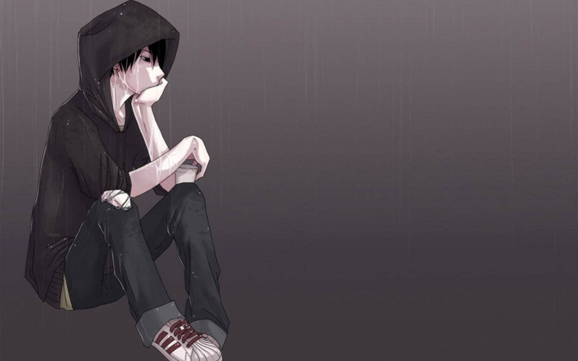Sad Anime Boy In Black Hoodie Background