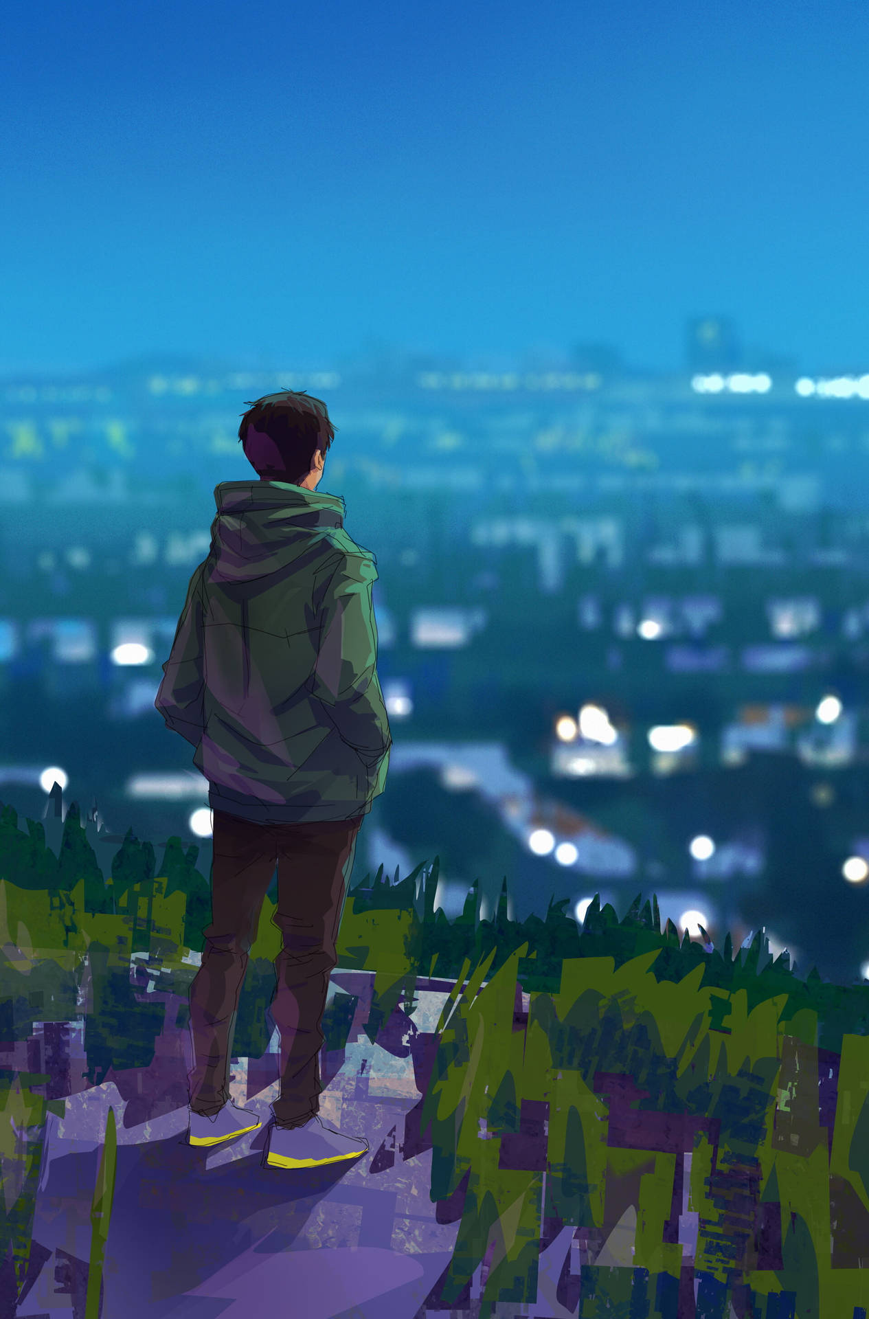 Sad Anime Boy Over Hill Aesthetic Background