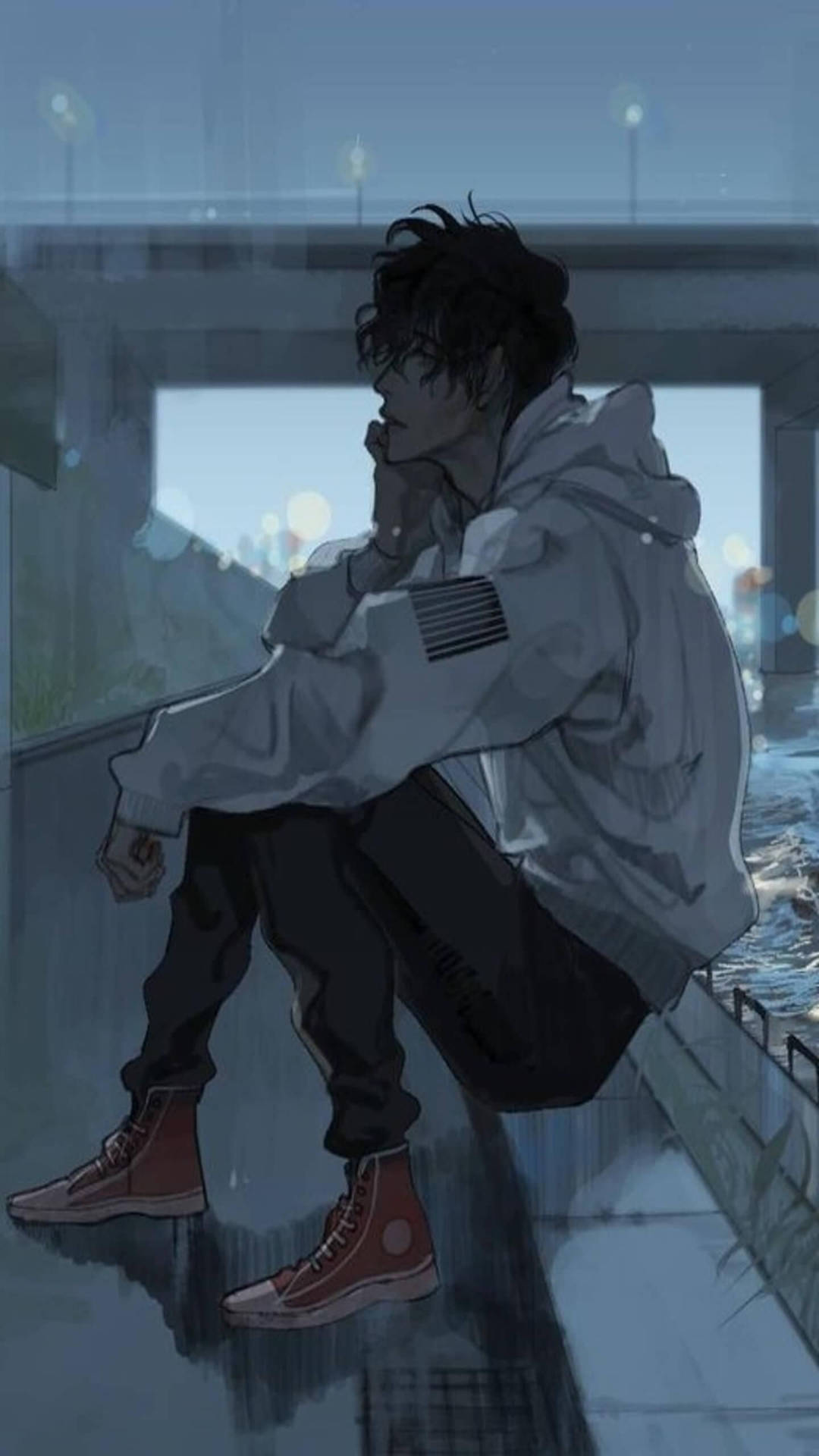 Sad Anime Boy White Jacket Background