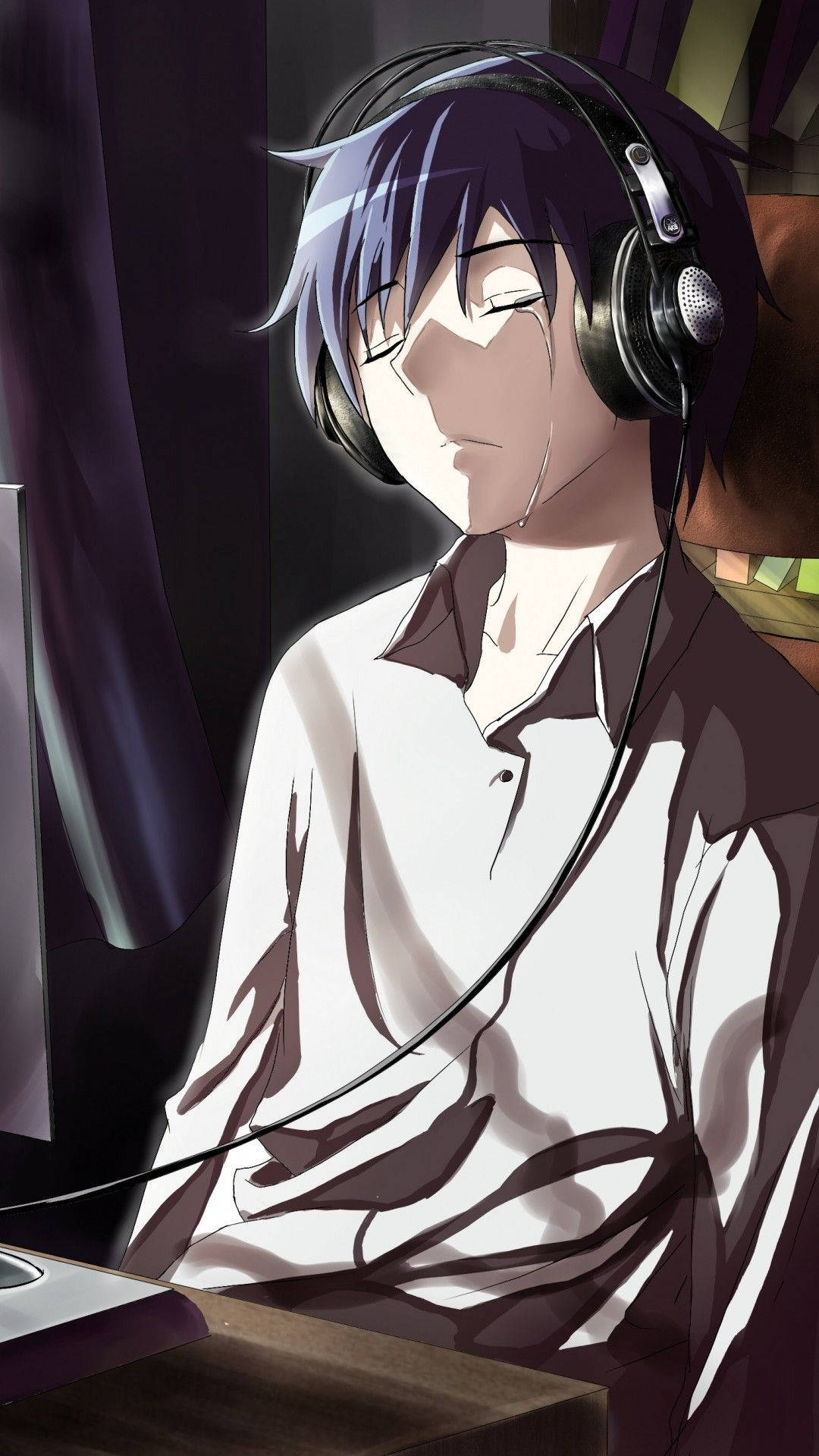Sad Anime Boy With Headphones Aesthetic Background