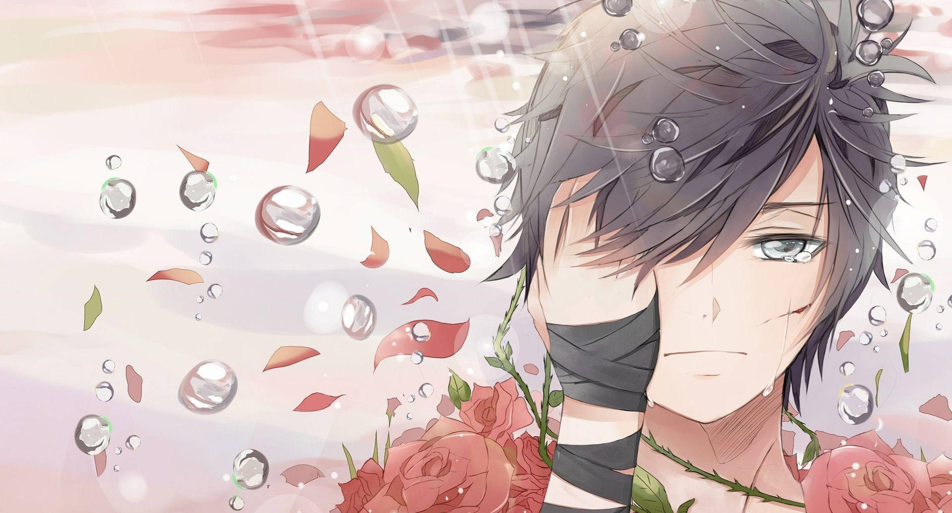 Sad Anime Boy With Red Flowers Background