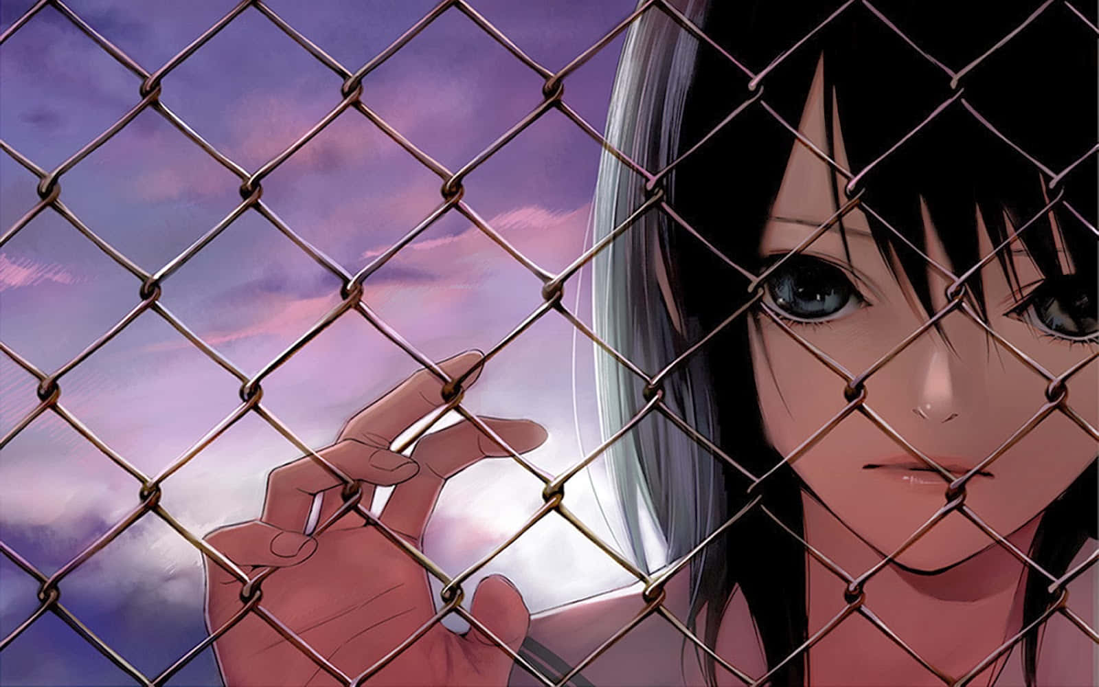 Sad Anime Girl Behind Chainlink Fence Background