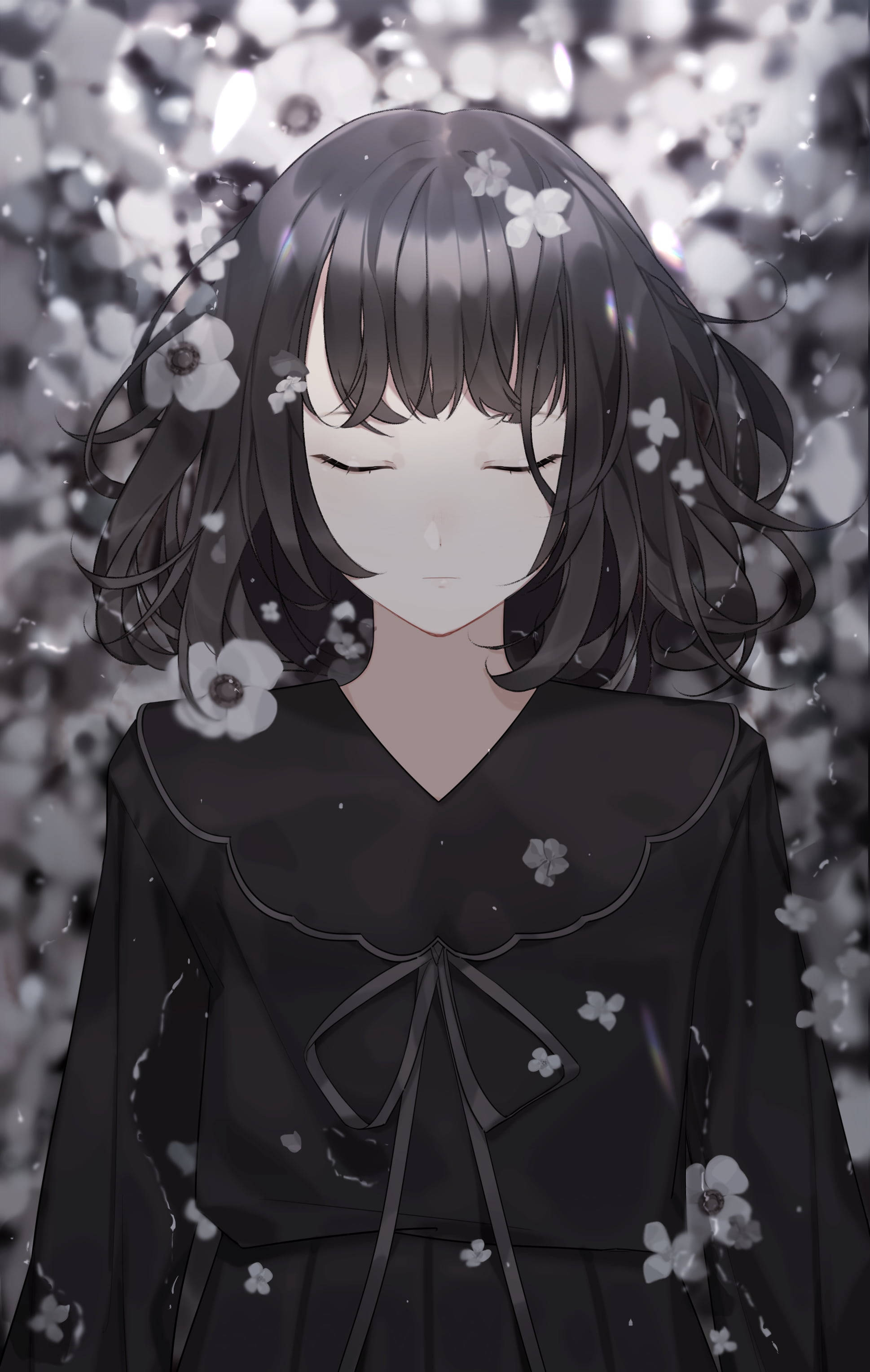 Sad Anime Girl Black And White With Flowers