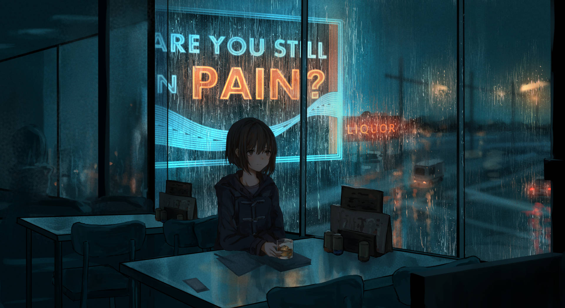 Sad Anime Girl In Cafe Background