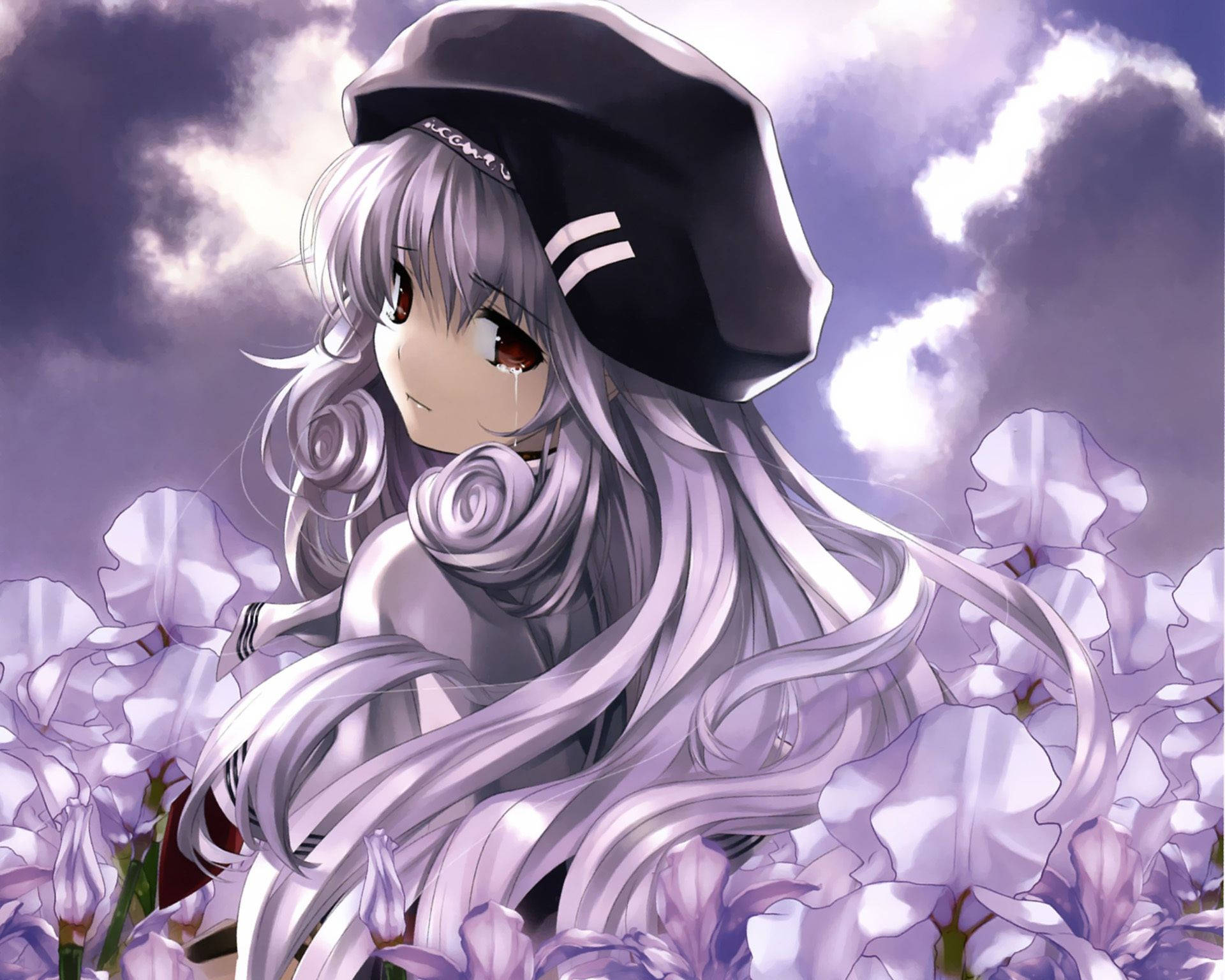 Sad Anime Girl In Flower Field Background