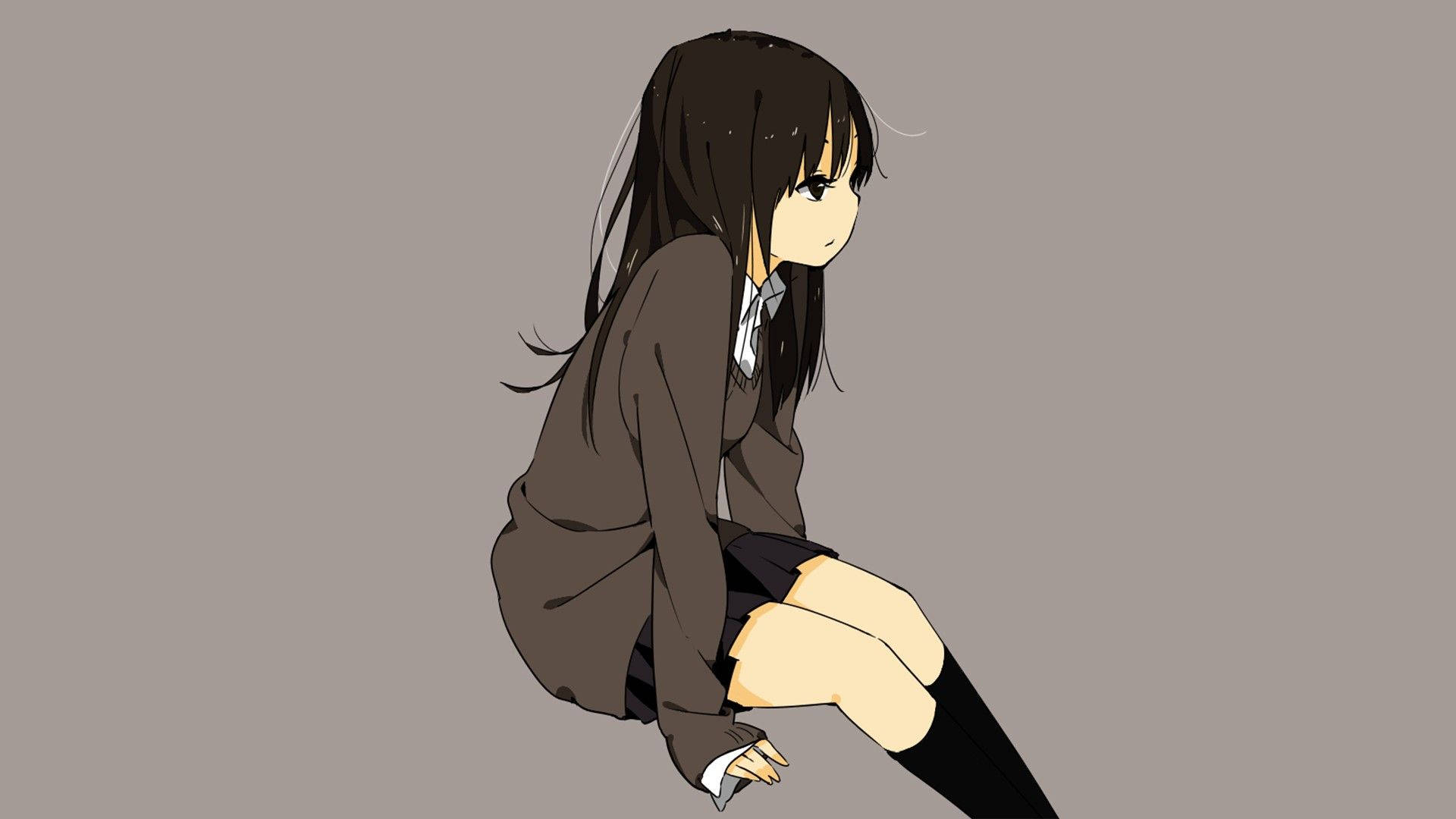 Sad Anime Girl In Grey Aesthetic Background