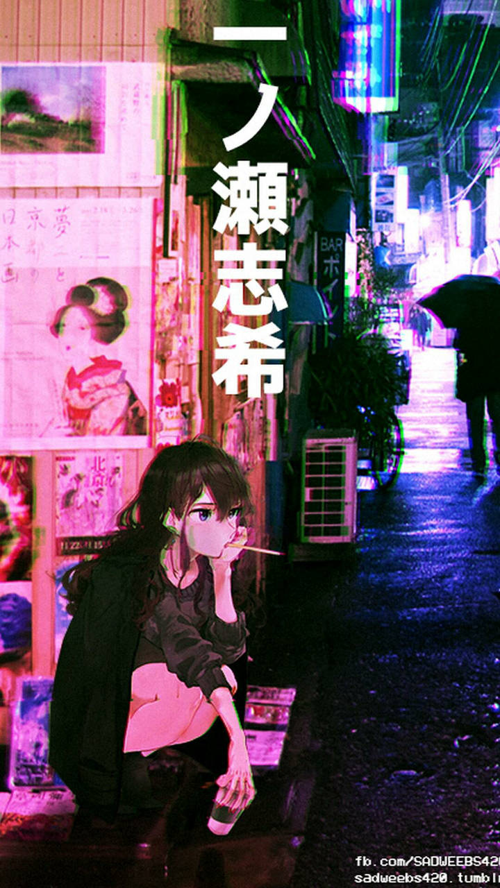 Sad Anime Girl In Japanese City Aesthetic Background