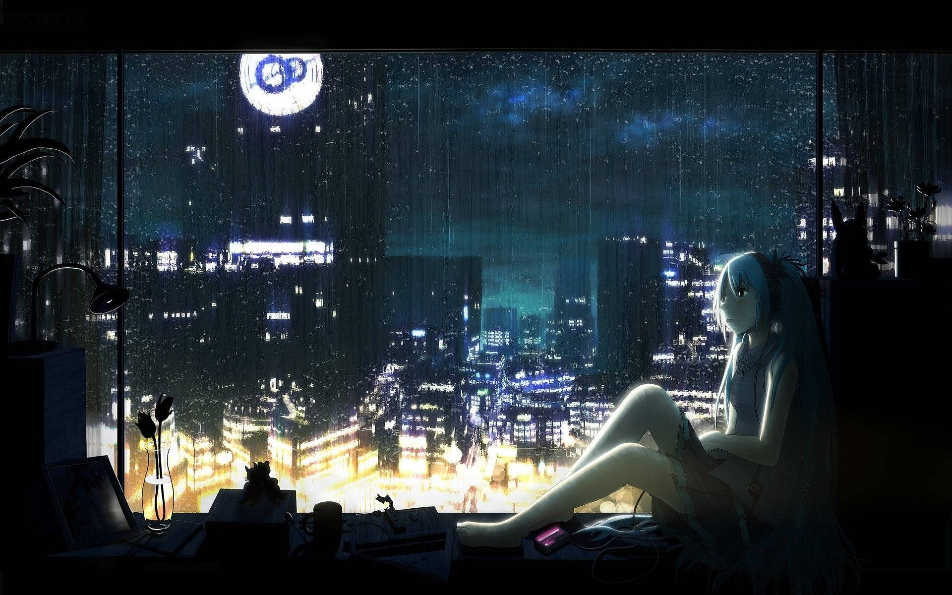 Sad Anime Girl In Window Aesthetic Background