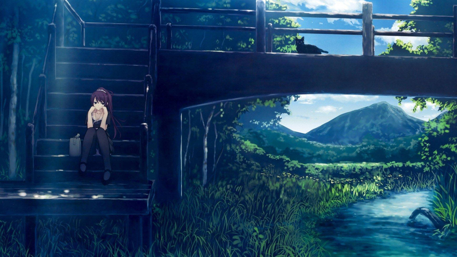 Sad Anime Girl On Bridge Background