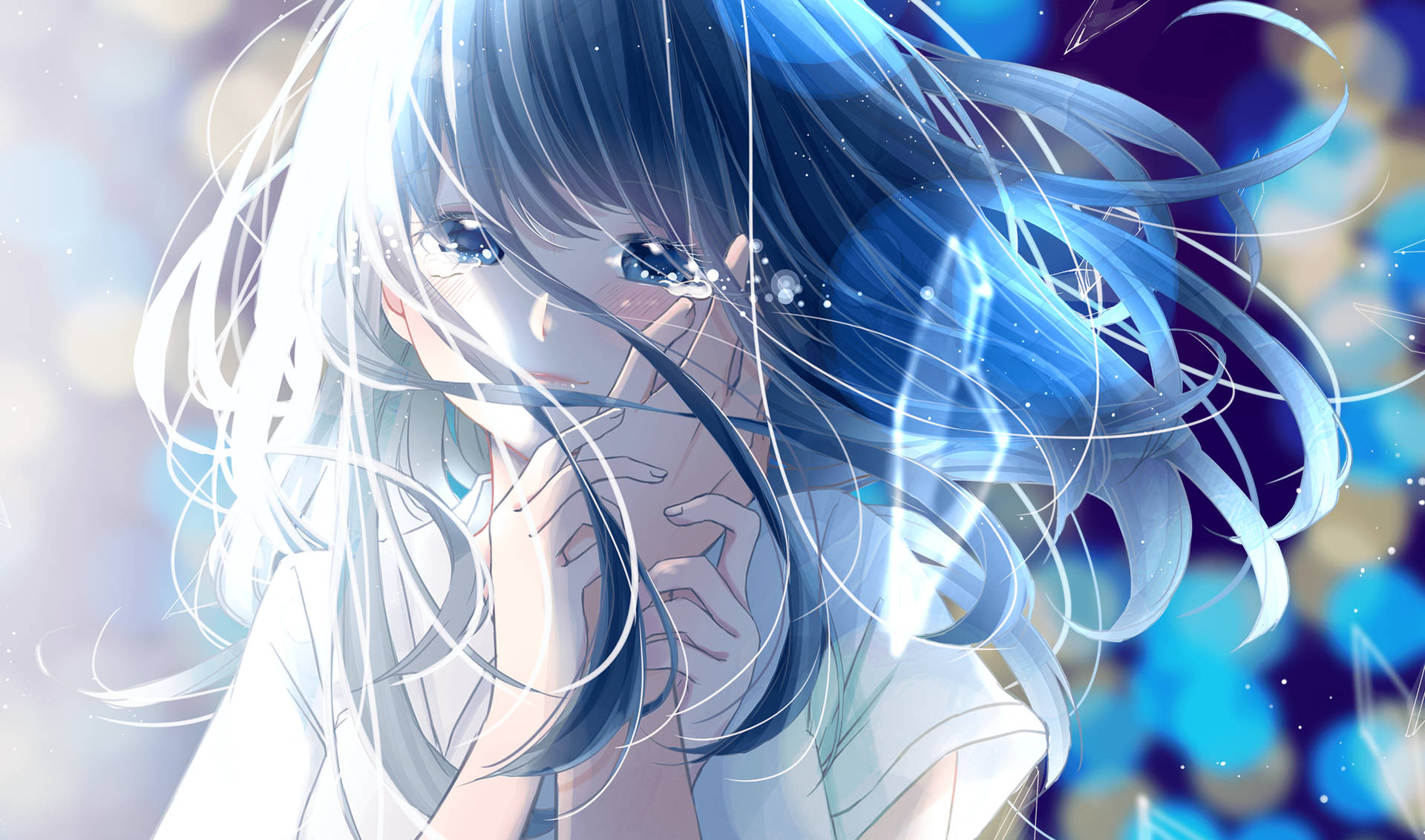 Sad Anime Girl Sparkling Lights Background