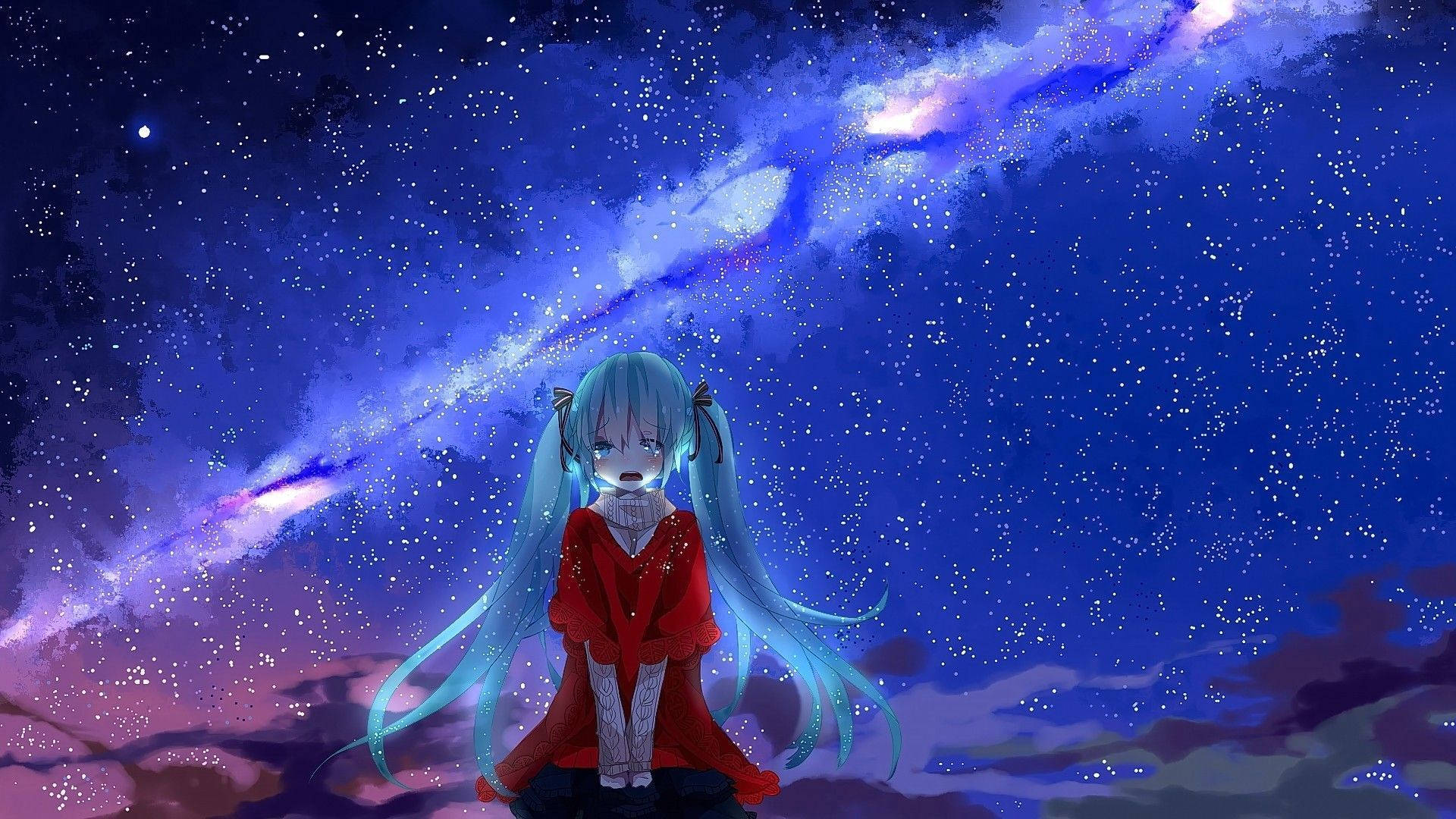 Sad Anime Girl Starry Sky Background