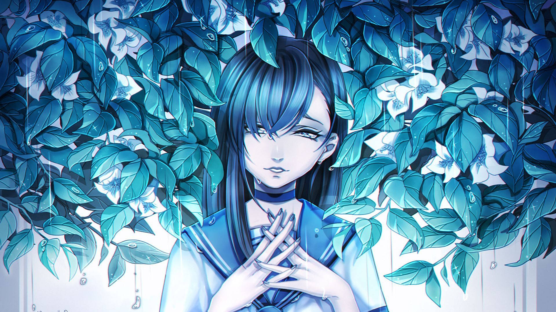 Sad Anime Girl With Leaves Background