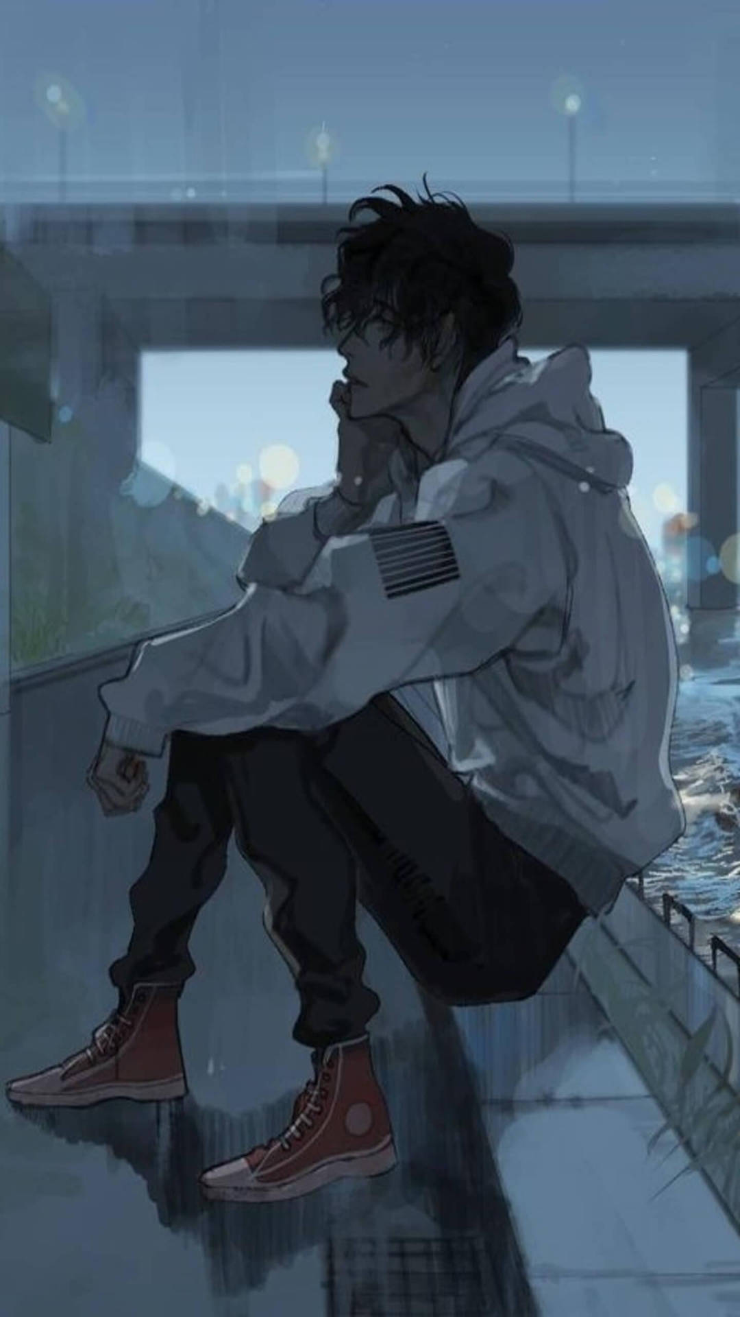 Sad Anime White Jacket Aesthetic Background
