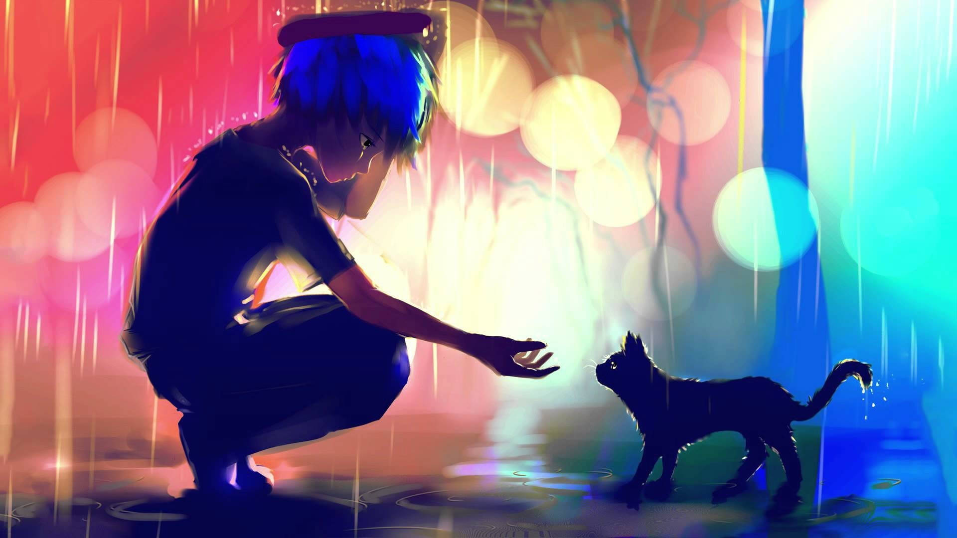 Sad Boy Anime And Cat Background