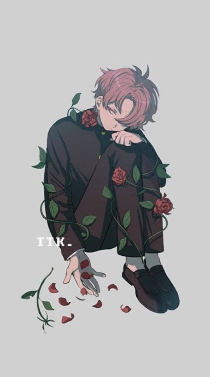 Sad Boy Anime And Roses Background