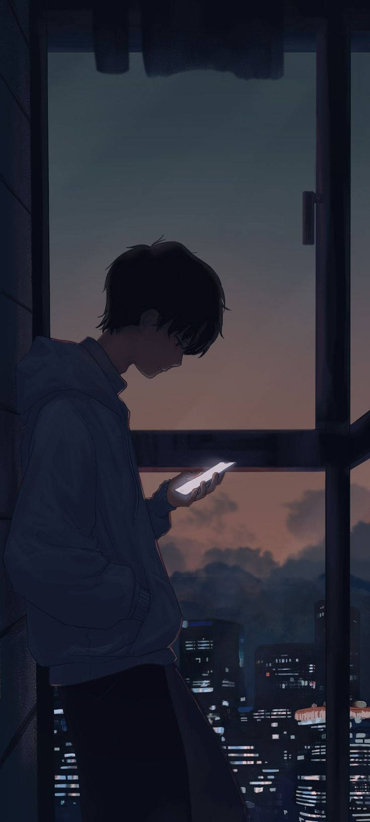 Sad Boy Anime City Lights Background