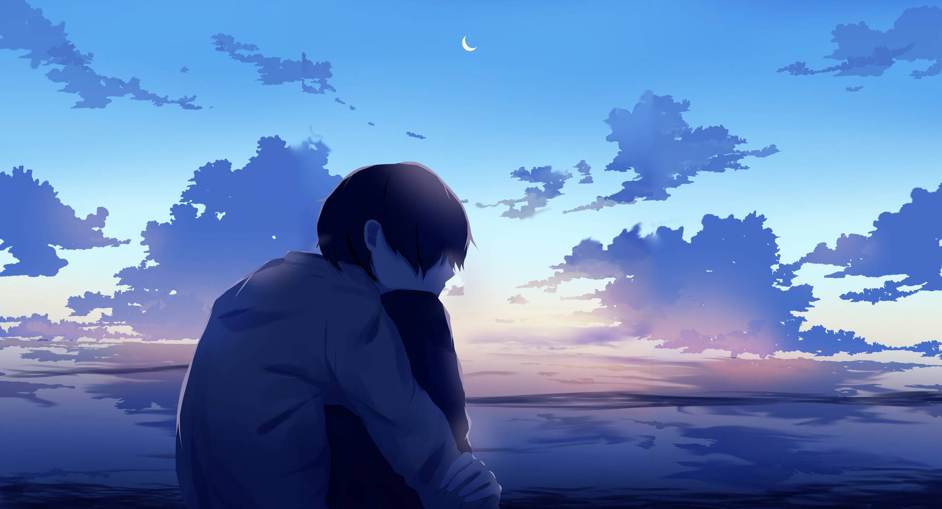 Sad Boy Anime In The Sea Background