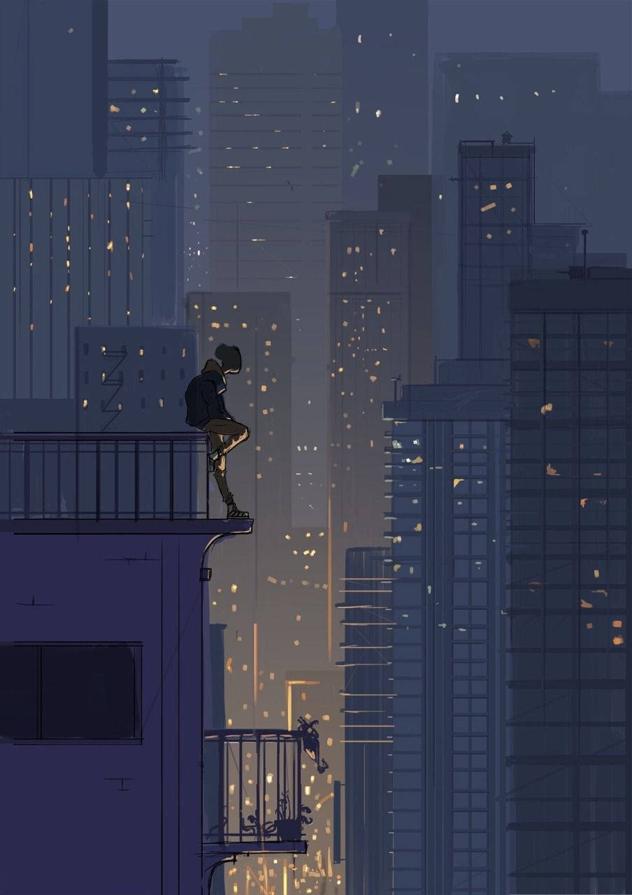 Sad Boy Anime Night City Lights Background