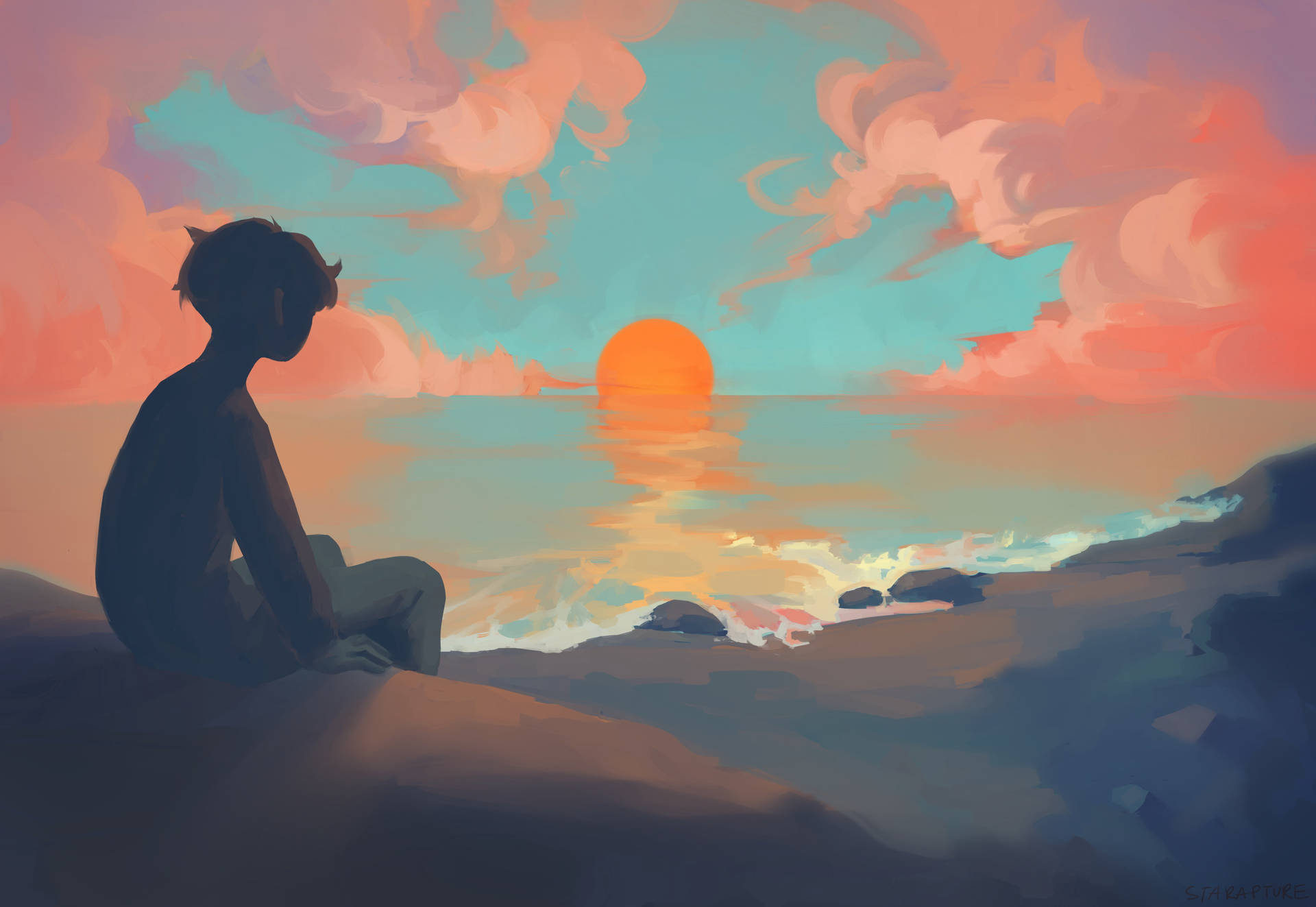 Sad Boy Anime Orange Sun Background