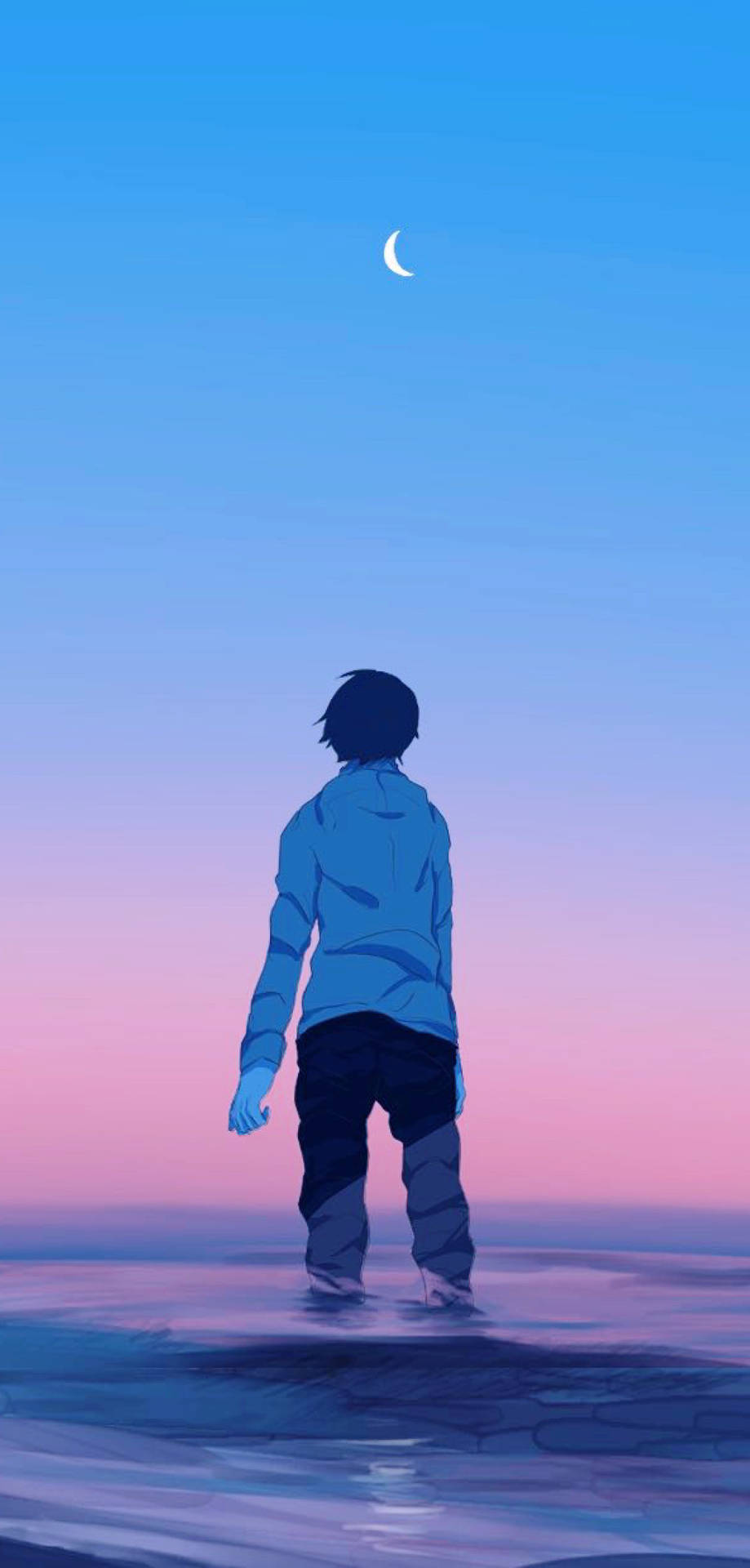 Sad Boy Anime Pink Blue Sky Background