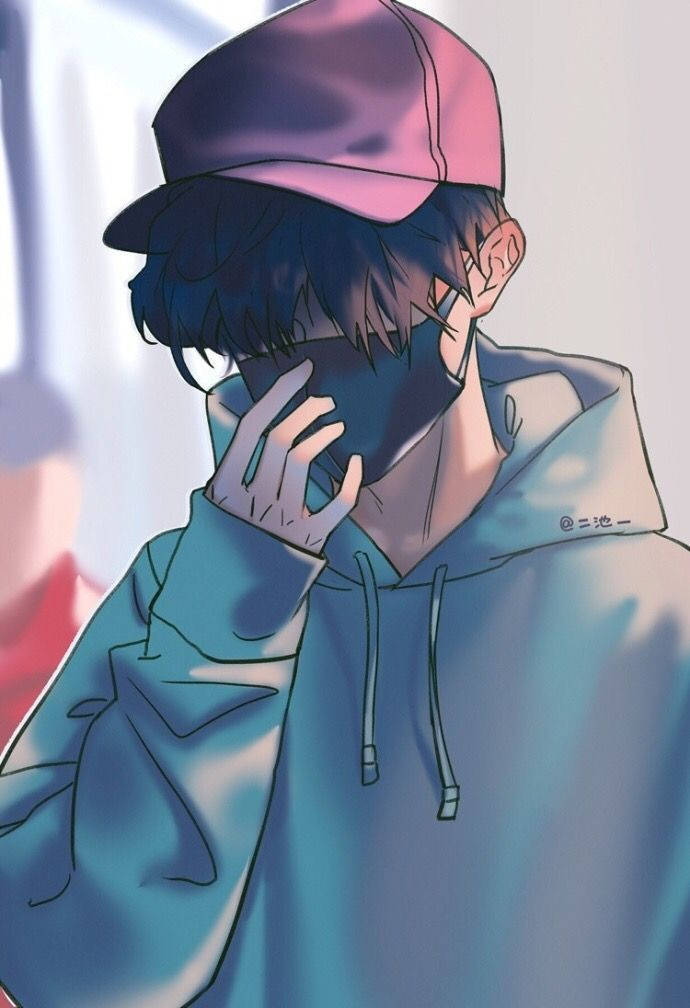 Sad Boy Anime Pink Cap Background