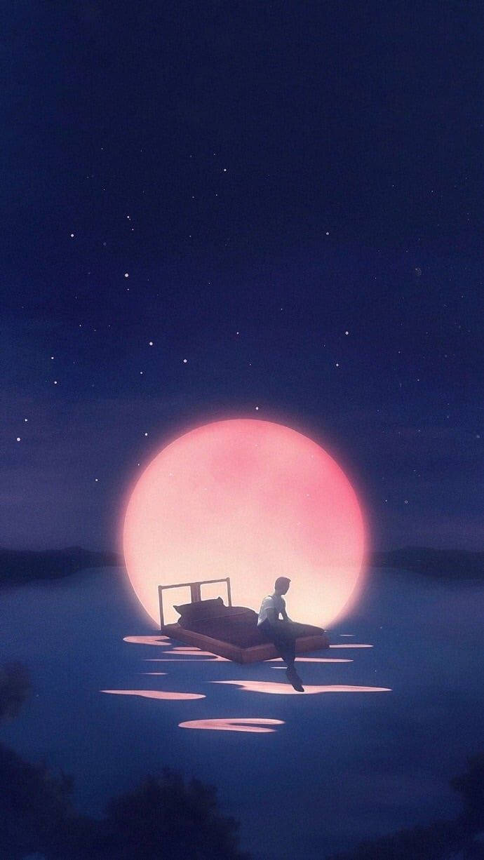 Sad Boy Anime Pink Moon Background