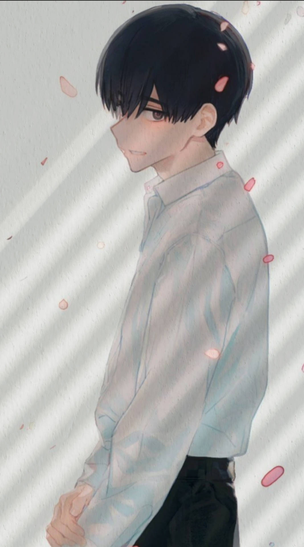 Sad Boy Anime Pink Petals Background