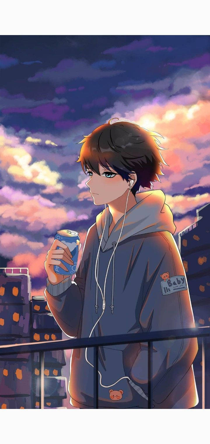 Sad Boy Anime Purple Sky Background