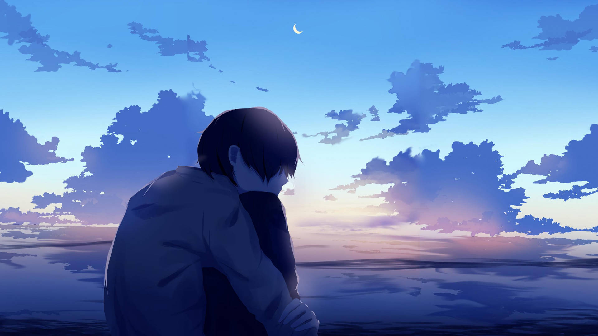 Sad Boy Near Cloudy Sky Background