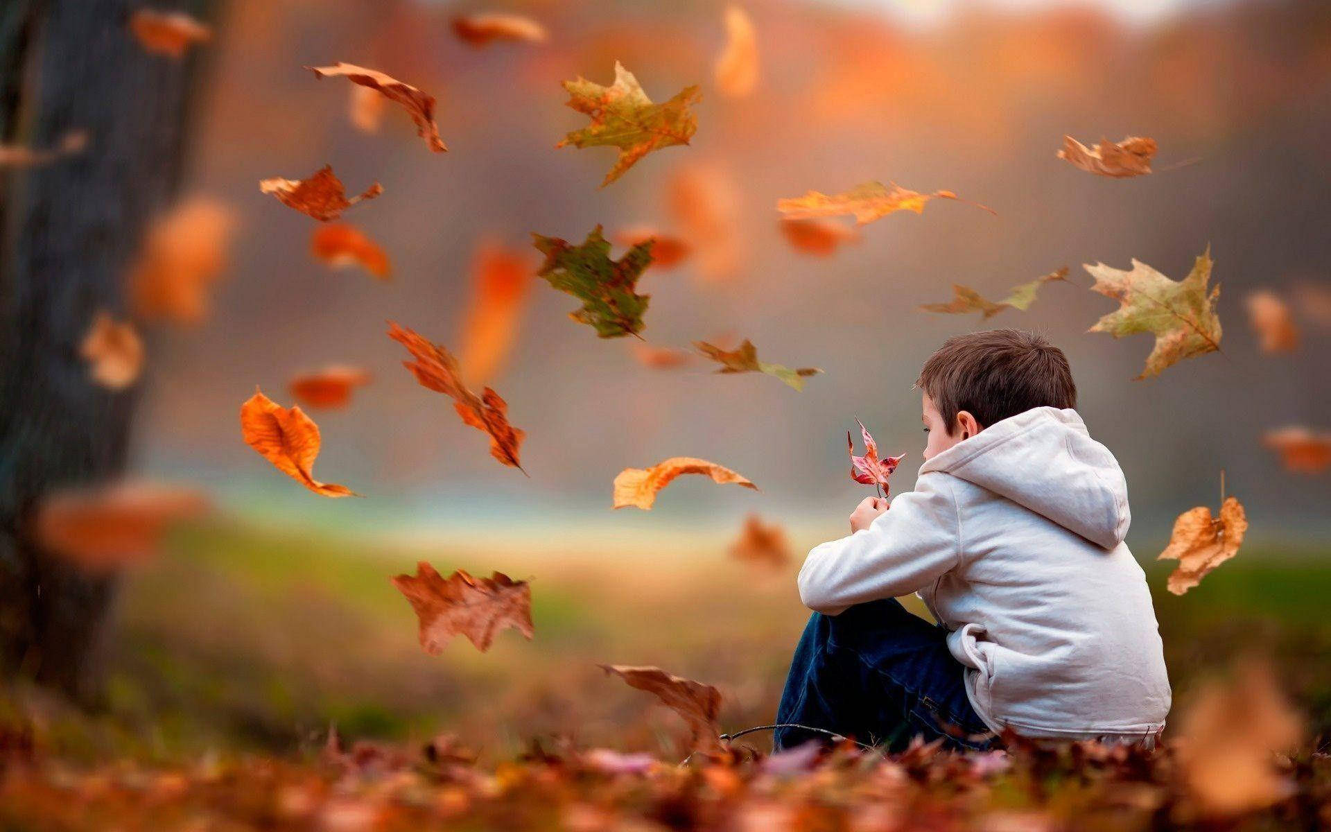 Sad Boy With Autumn Leaves