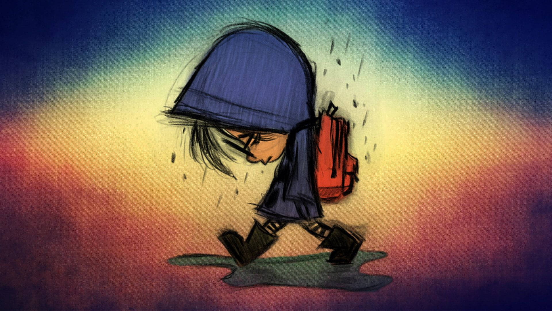 Sad Cartoon Boy Walking In The Rain Background