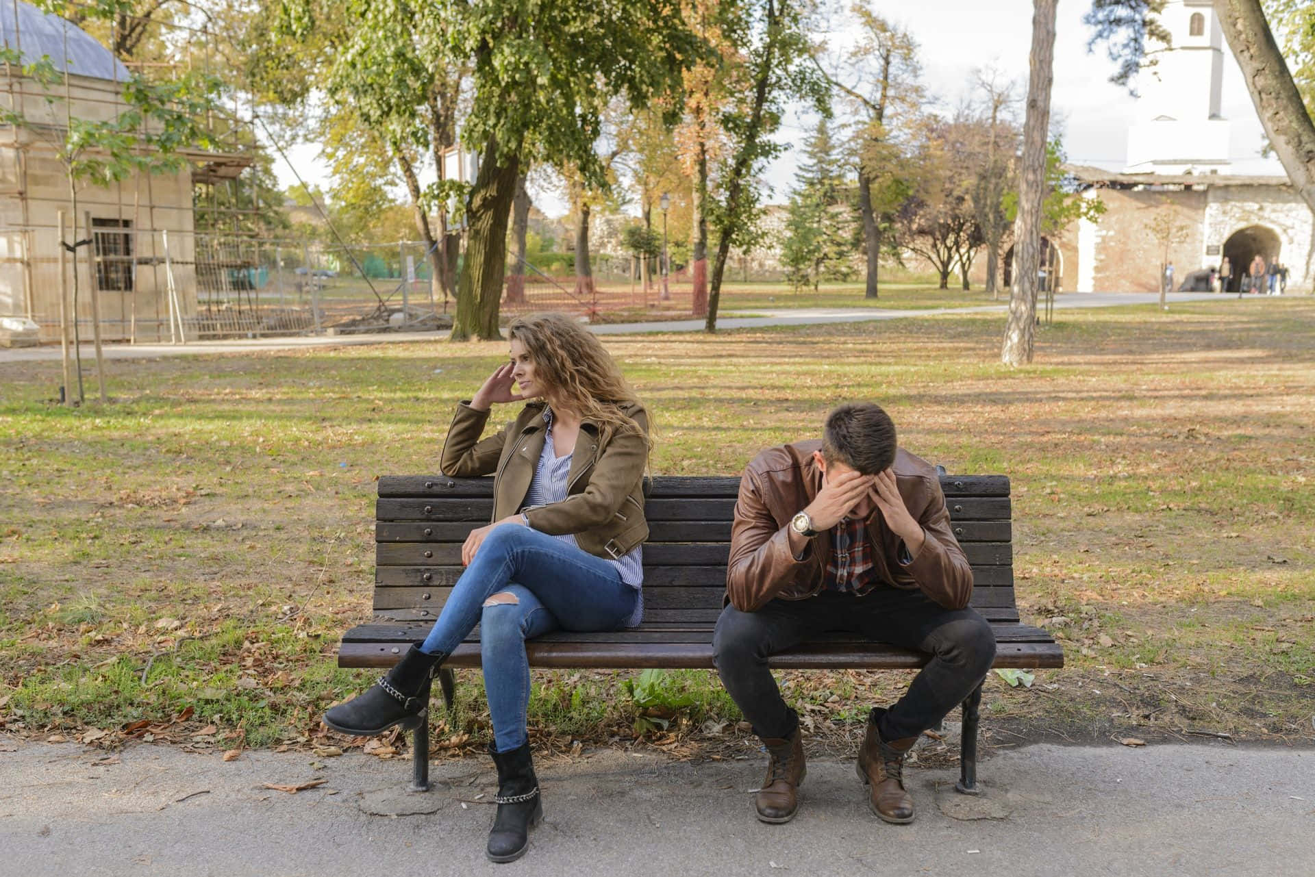 Sad Couple Park Bench Background