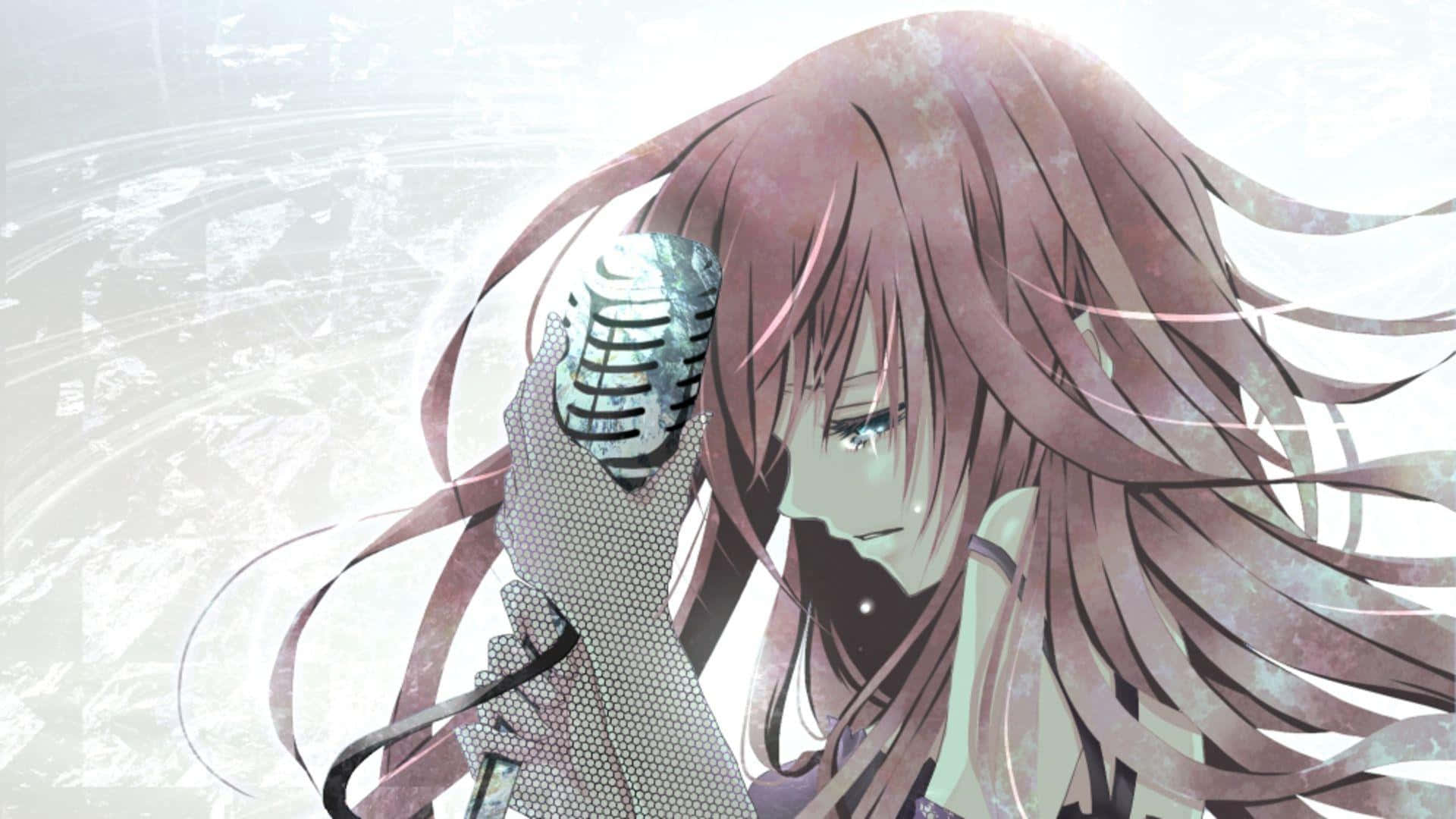 Sad Crying Anime Girl Holding A Microphone Background